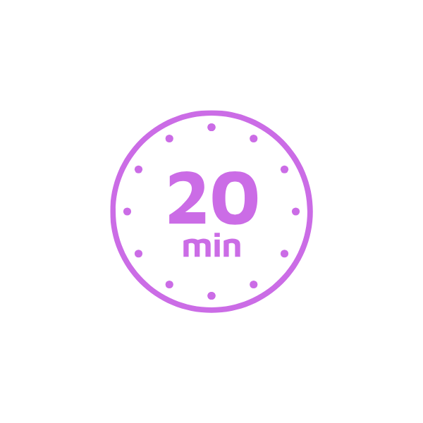 A clock icon with the text '20 min' inside, indicating a 20-minute timer or duration, with purple accents on a black background.