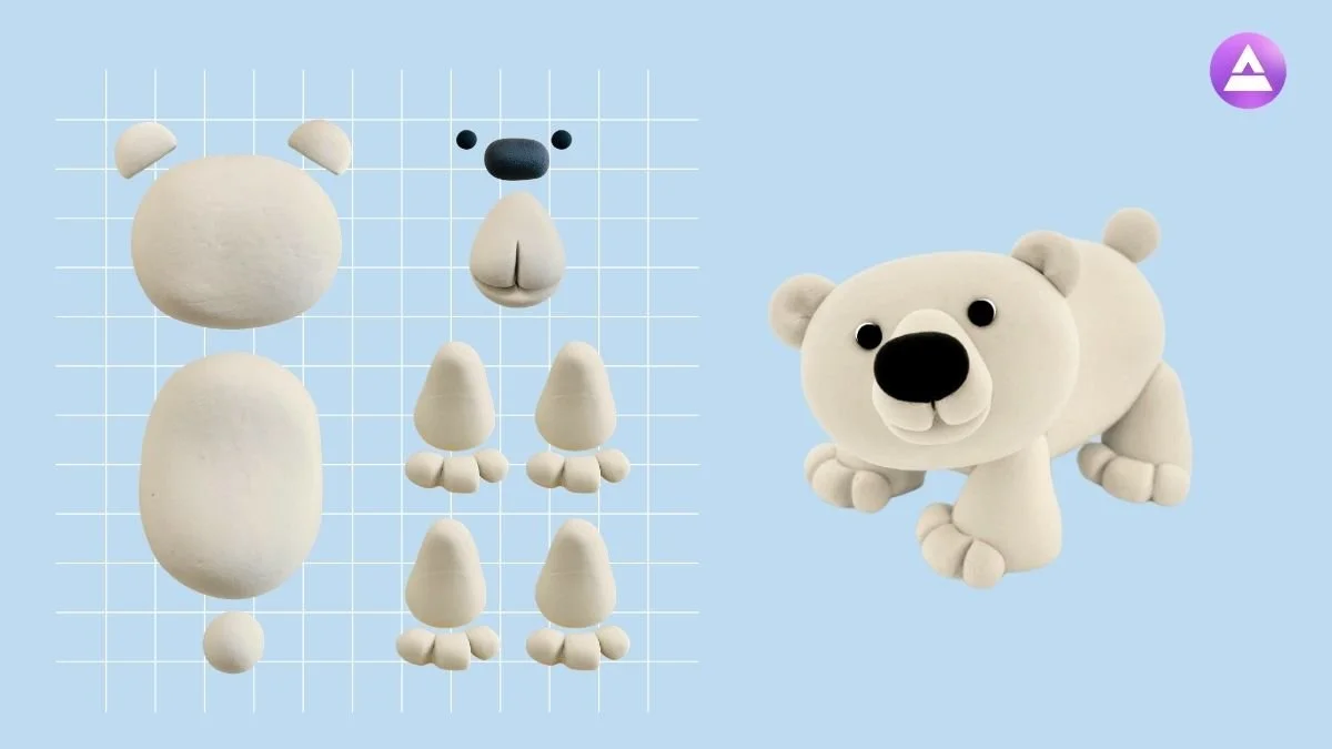 Clay polar bear parts made from simple shapes shown alongside the final assembled polar bear model