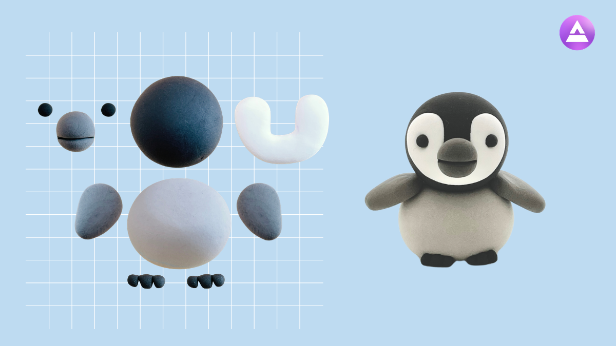 Step-by-step clay penguin built from simple shapes, showing separate parts and the final assembled 3D model