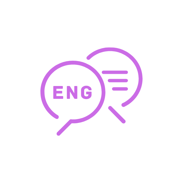 Icon of two magnifying glasses, one with a speech bubble and the other with the letters 'ENG' inside a speech bubble, both outlined in purple on a black background.
