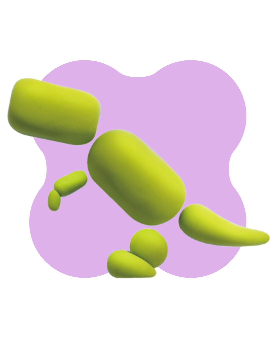 Multiple green capsules and tablets floating in midair against a purple background.