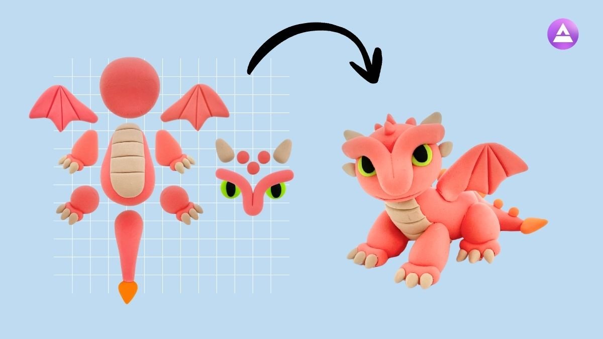 A clay dragon craft showing separated parts and the completed dragon, demonstrating a step-by-step building process for kids.