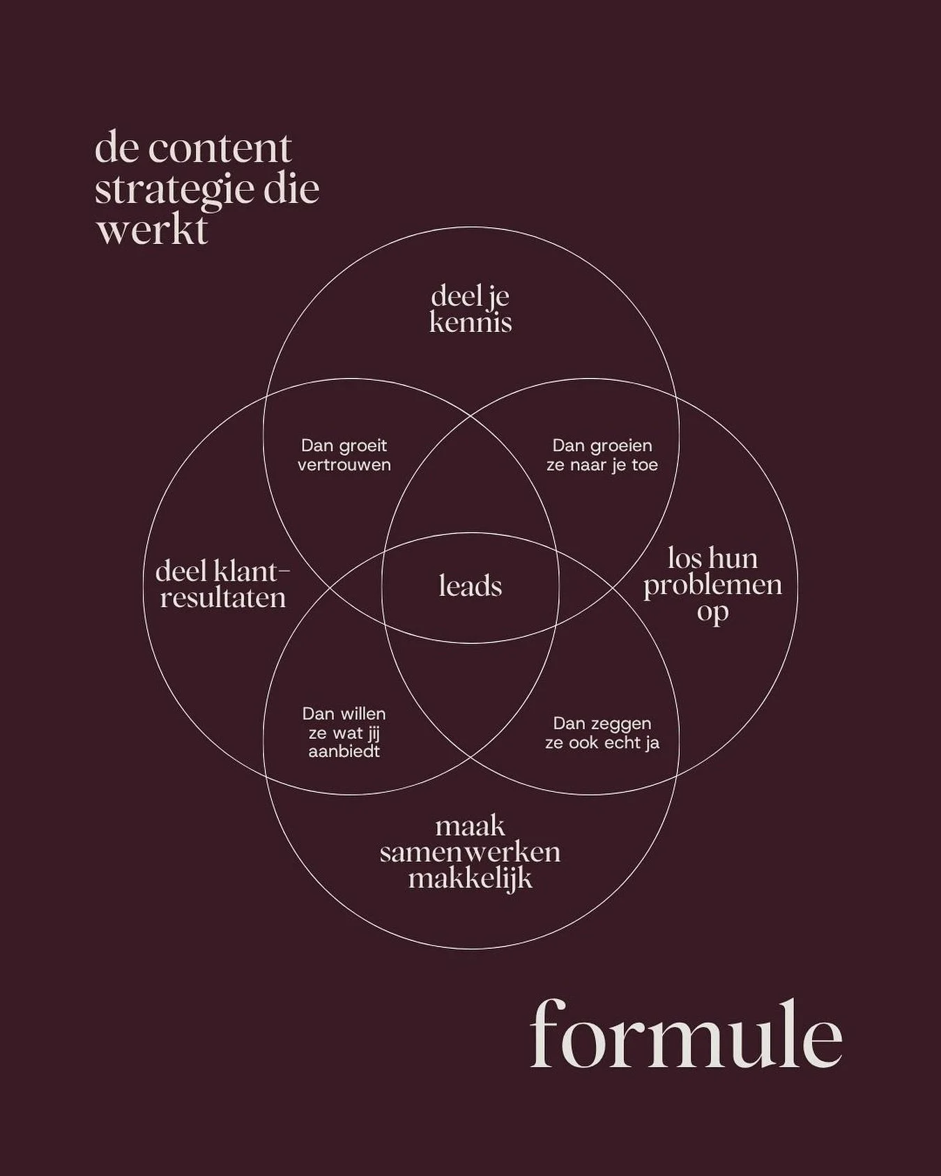 𝗗𝗲 𝗰𝗼𝗻𝘁𝗲𝗻𝘁𝘀𝘁𝗿𝗮𝘁𝗲𝗴𝗶𝗲 𝗱𝗶𝗲 𝘄𝗲́𝗹 𝘄𝗲𝗿𝗸𝘁.
Elke post die je maakt, zou iemand een stap dichterbij moeten brengen tot het afnemen van jouw dienst.
Niet alleen maar likes van random mensen &mdash; maar &eacute;chte interesse van d