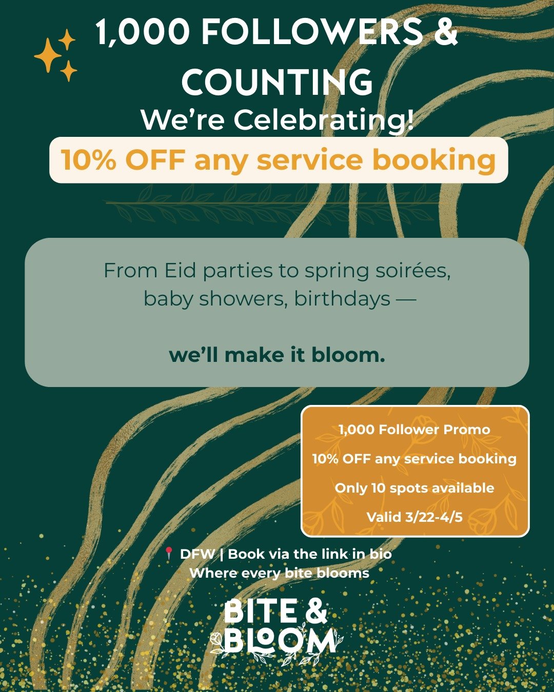 ✨ 1,000 followers &amp; counting ✨
We&rsquo;re so grateful for this community &mdash; thank you for being part of the Bite &amp; Bloom journey 🌸
To celebrate, we&rsquo;re offering a limited-time 1,000 Follower Promo:
✨ 10% OFF any service booking
✨ 