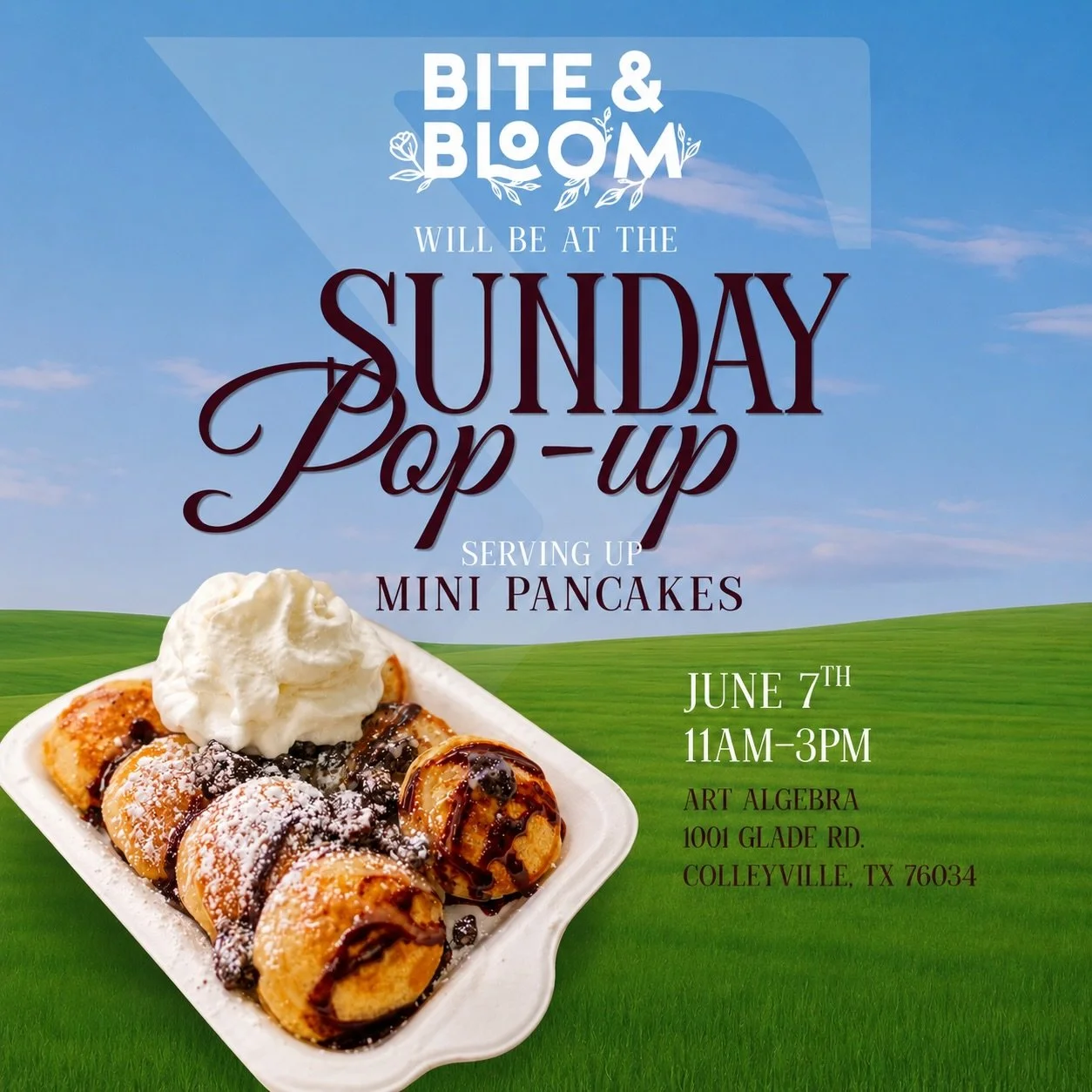 SUNDAY PLANS = HANDLED 😌✨

Catch Bite &amp; Bloom at the Art Algebra Pop-Up this Sunday serving up our fresh-made mini pancakes 🥞💨

But don&rsquo;t just come for us 👀

🌽 Elote that&rsquo;ll have you coming back for seconds
💎 Handmade jewelry &a
