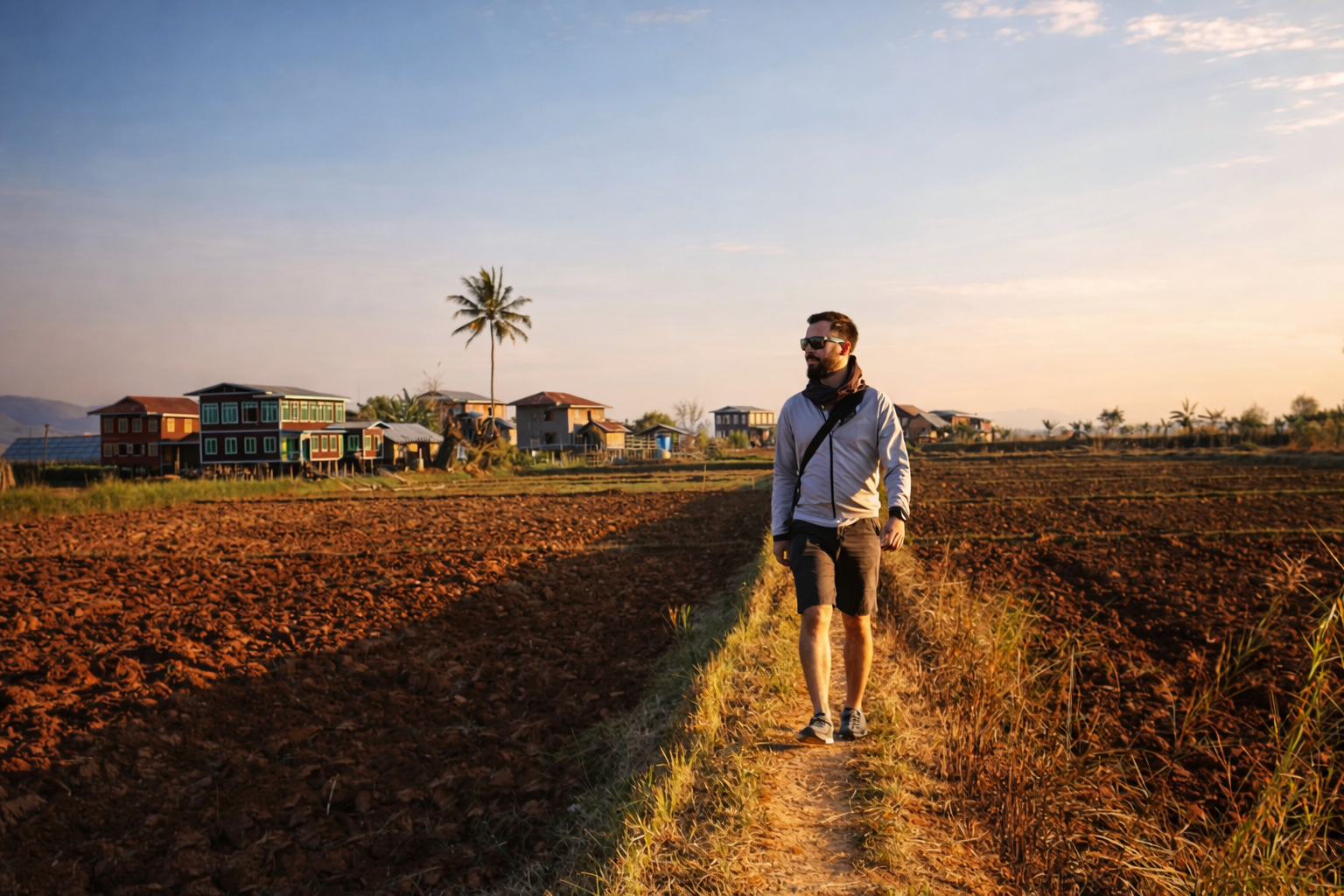 A man with a beard, wearing sunglasses, a light jacket, and shorts, walking along a narrow dirt path through a field at sunset, with houses and palm trees in the background.