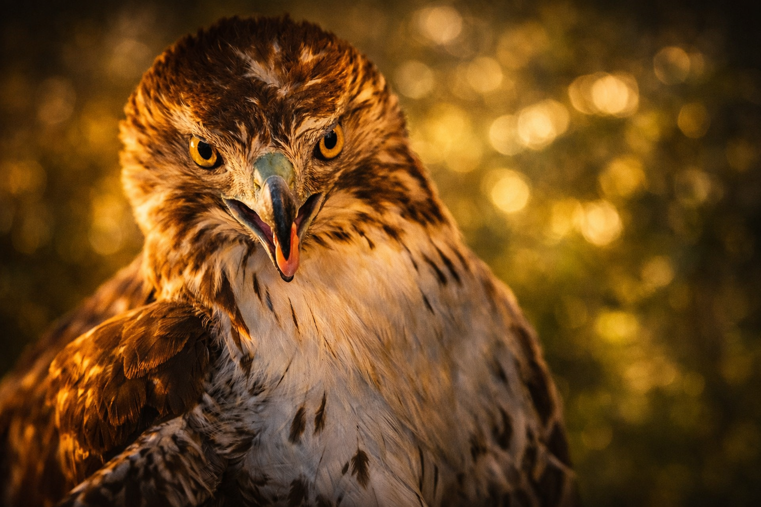 Close-up of an intense hawk with piercing yellow eyes and sharp beak, looking directly at the camera with a blurred golden background.