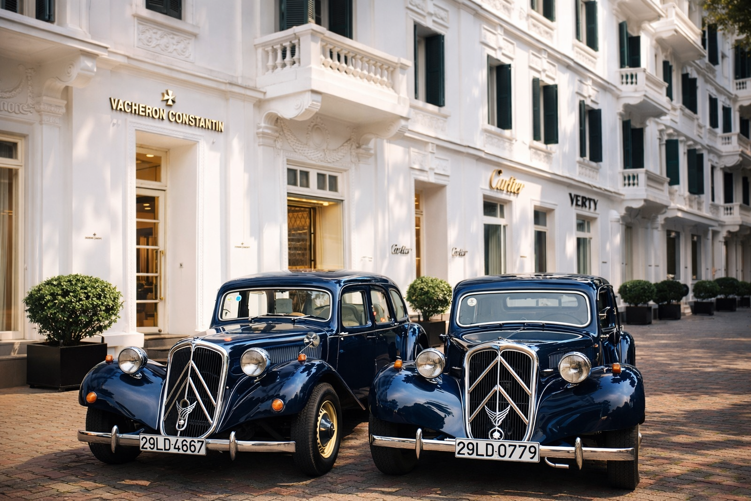Two vintage black cars parked on a brick street in front of a white building with luxury storefronts, including Vacheron Constantin, Cartier, and Verty, with potted bushes along the sidewalk.
