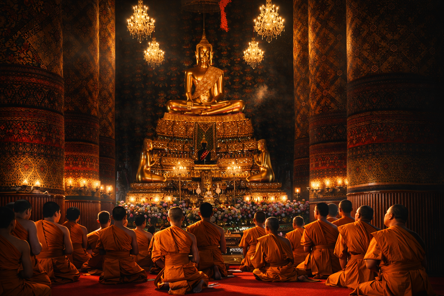 Monks in orange robes kneeling in prayer before a large golden Buddha statue in a decorated temple with ornate pillars, chandeliers, and floral arrangements.