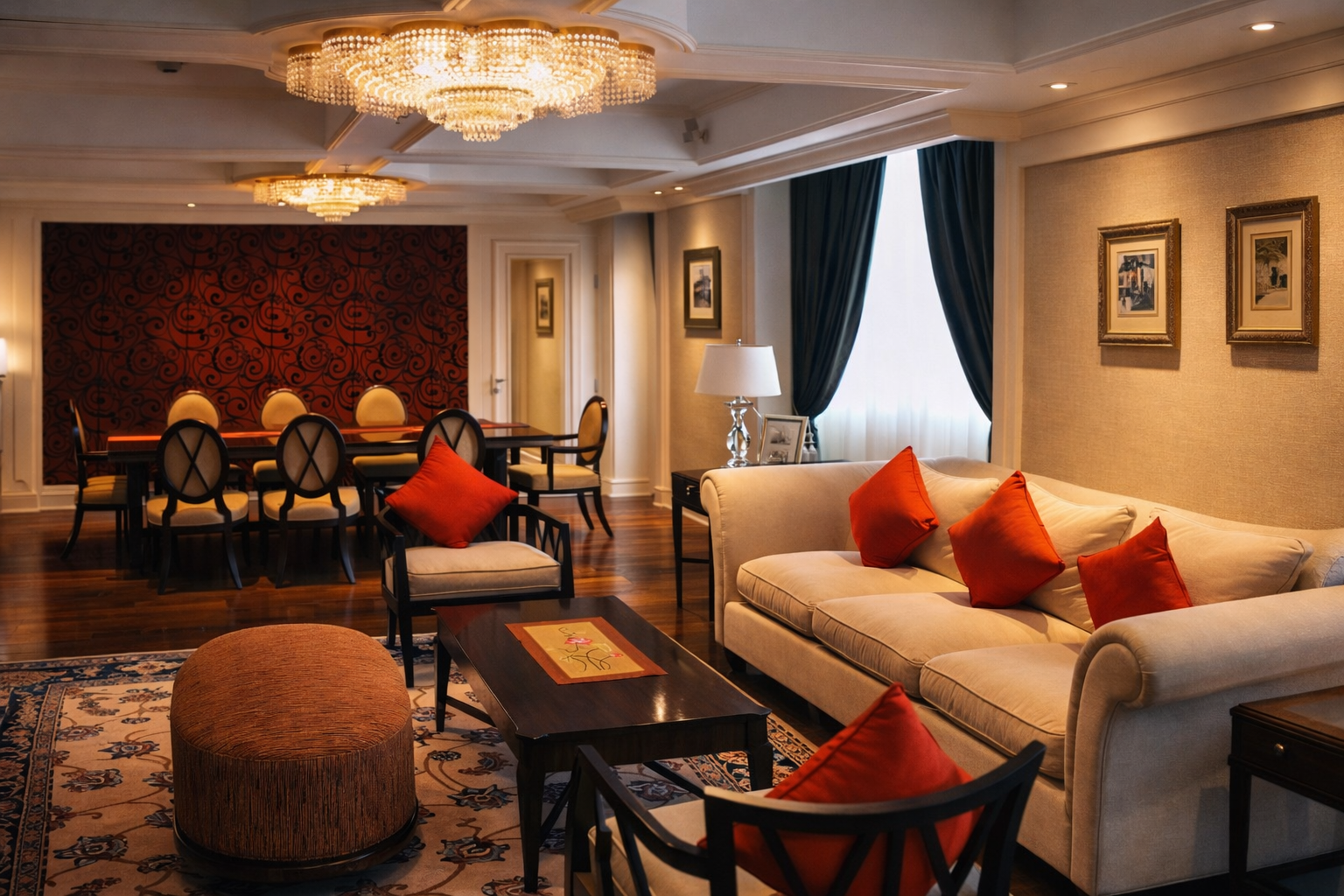 A luxurious living room with a beige sofa and orange pillows, a patterned area rug, a wooden coffee table, a small black side table with a decorative lamp, a dining table with eight chairs, a red accent wall, framed artwork, large windows with dark c