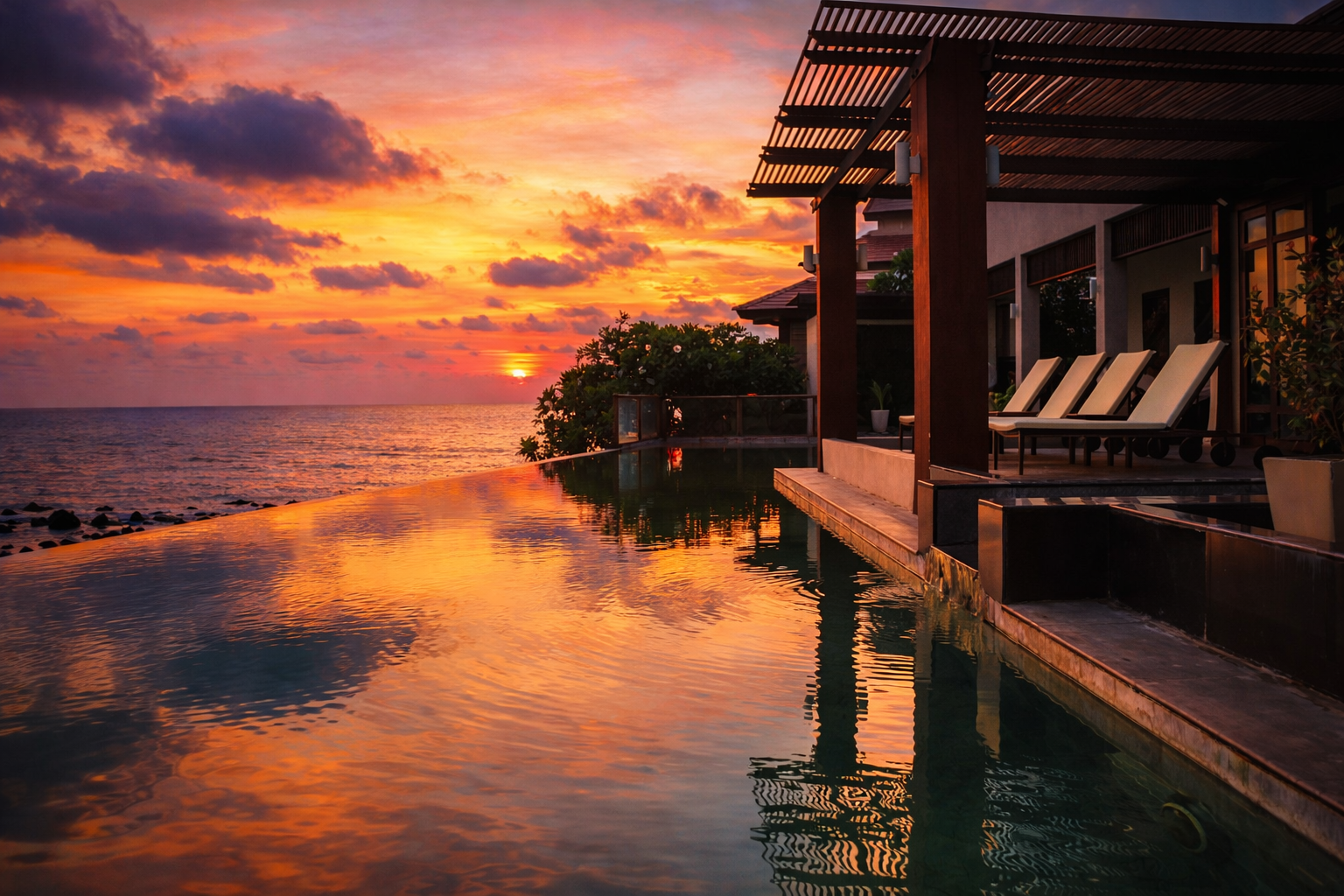 Sunset over the ocean viewed from a luxurious beachfront infinity pool at a tropical resort, with lounge chairs on the patio.