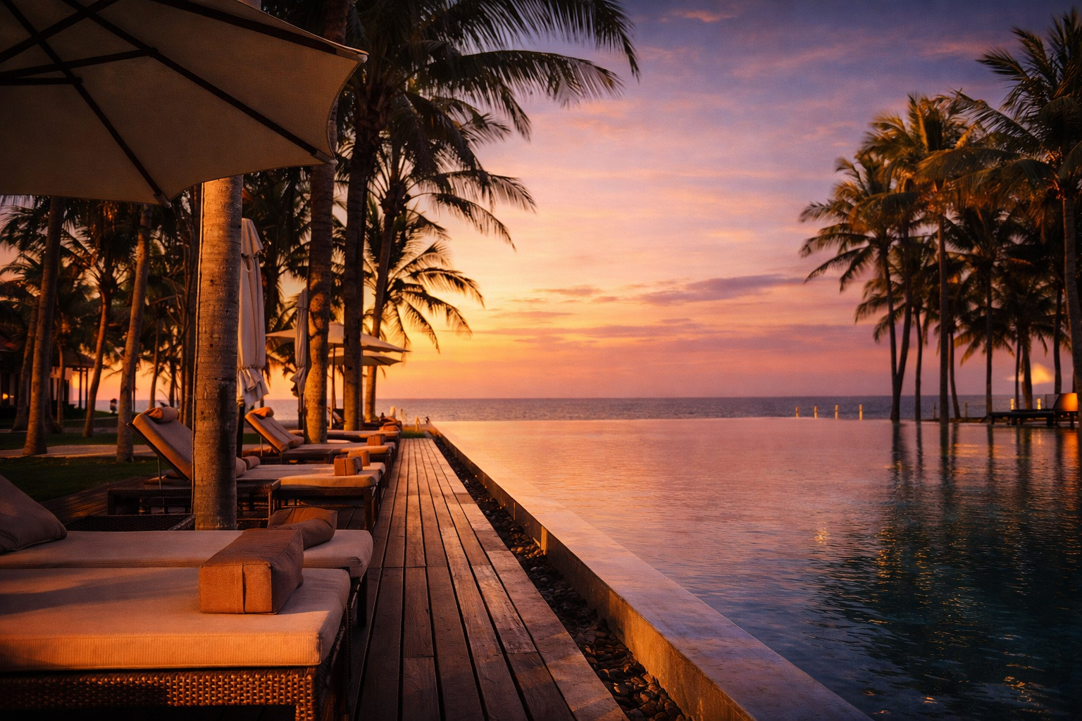 A tropical beach scene at sunset with an infinity pool, lounge chairs, umbrellas, and palm trees.
