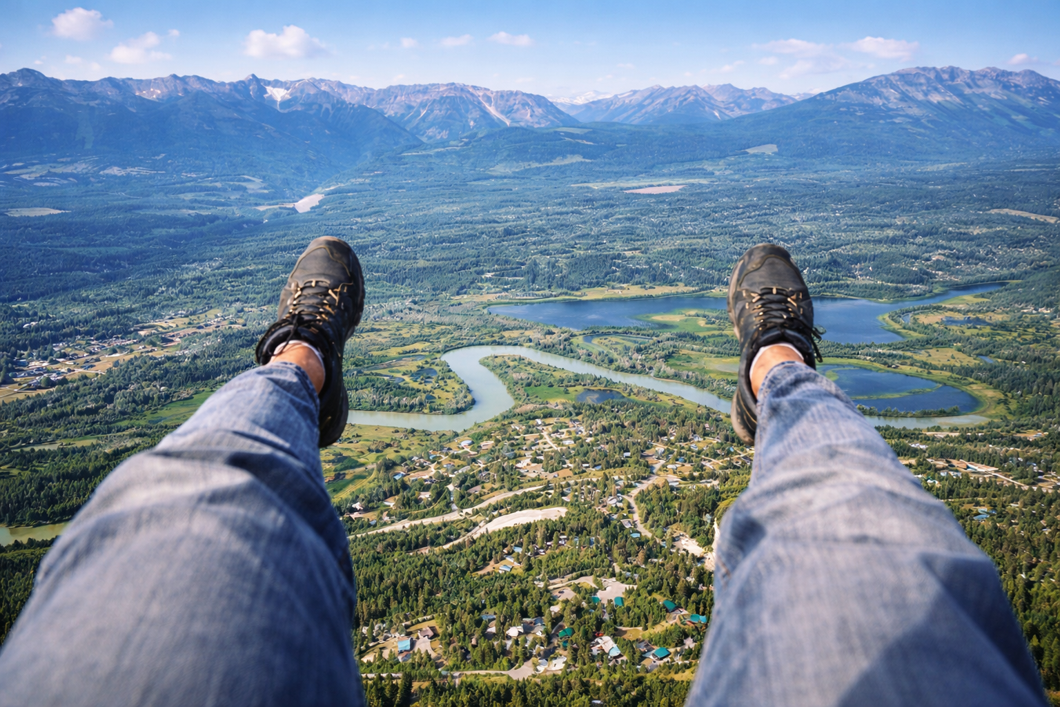 A person in jeans and hiking shoes is skydiving or parachuting over a green landscape with rivers, lakes, houses, and mountains in the distance.