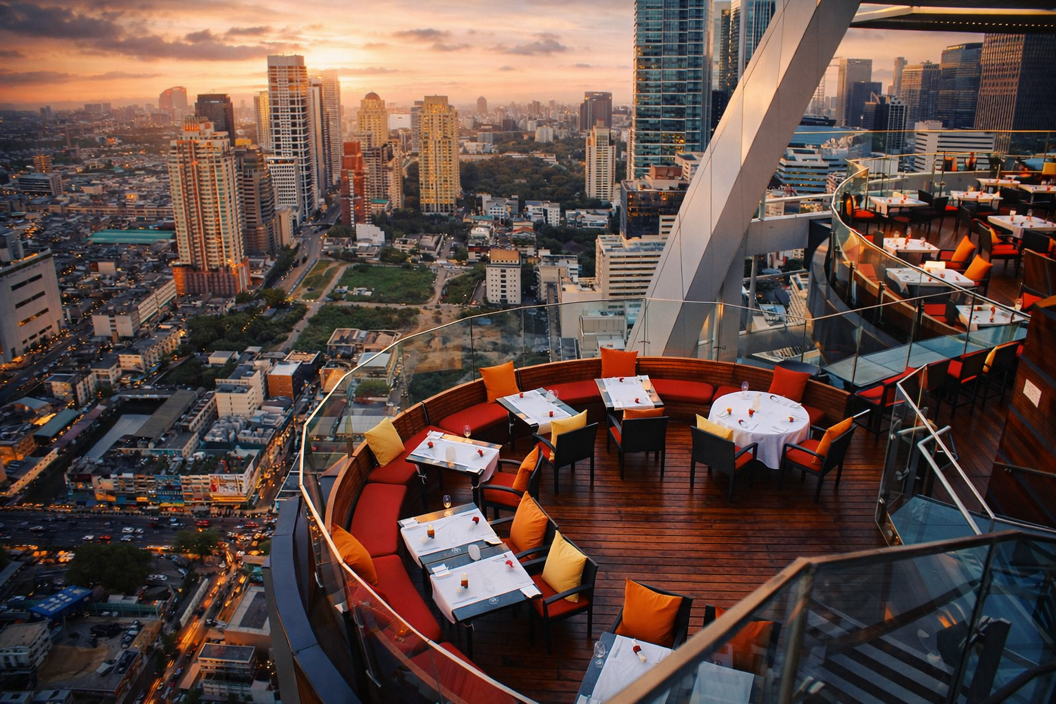 A rooftop restaurant with dining tables and chairs overlooking a cityscape at sunset, high-rise buildings, and a green park.