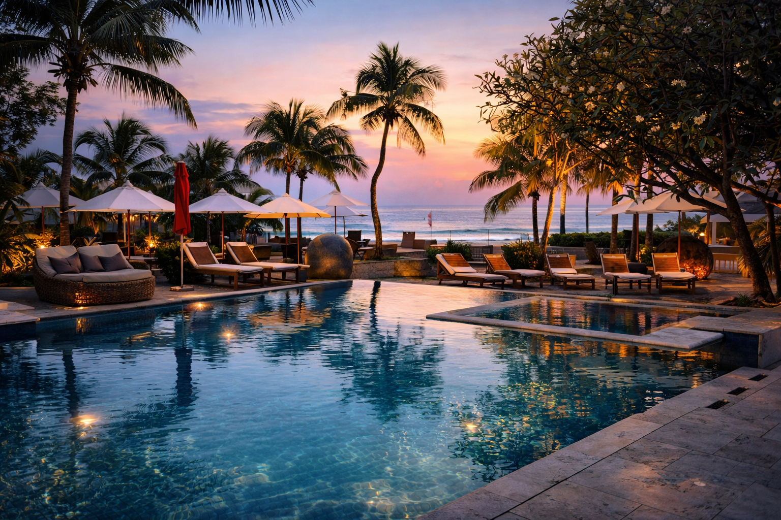 An outdoor pool area at sunset with palm trees, lounge chairs, umbrellas, and a view of the ocean in the background.