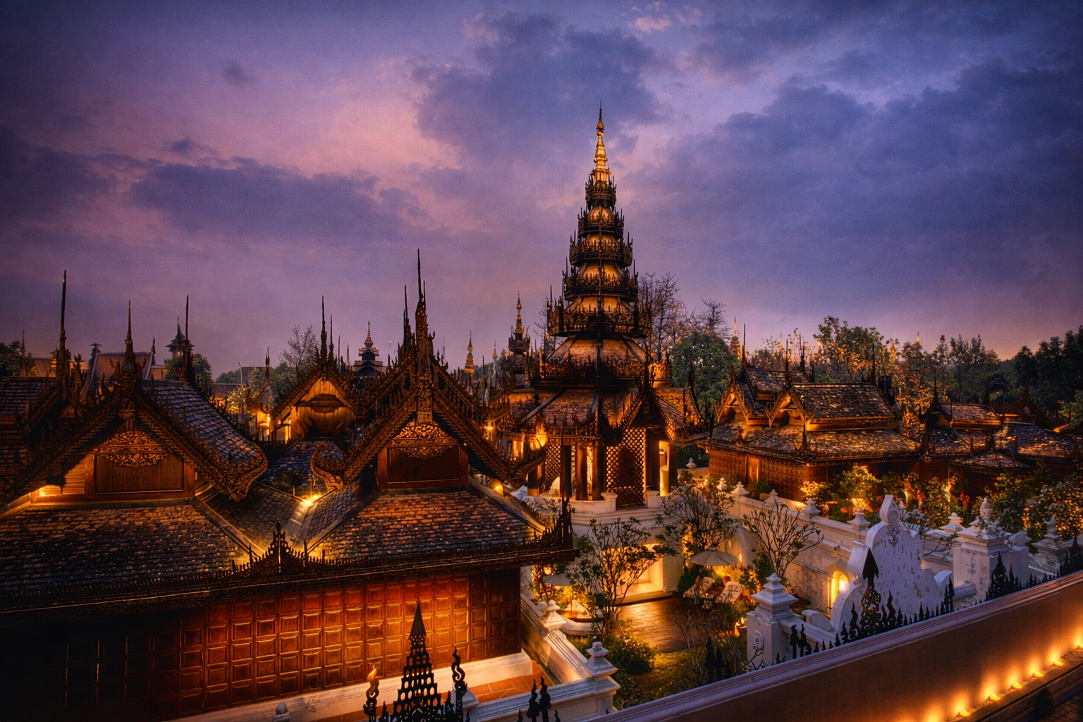 Beautiful nighttime view of a traditional Thai temple with intricate architecture, illuminated with warm lights, set against a purple and pink sky with clouds.