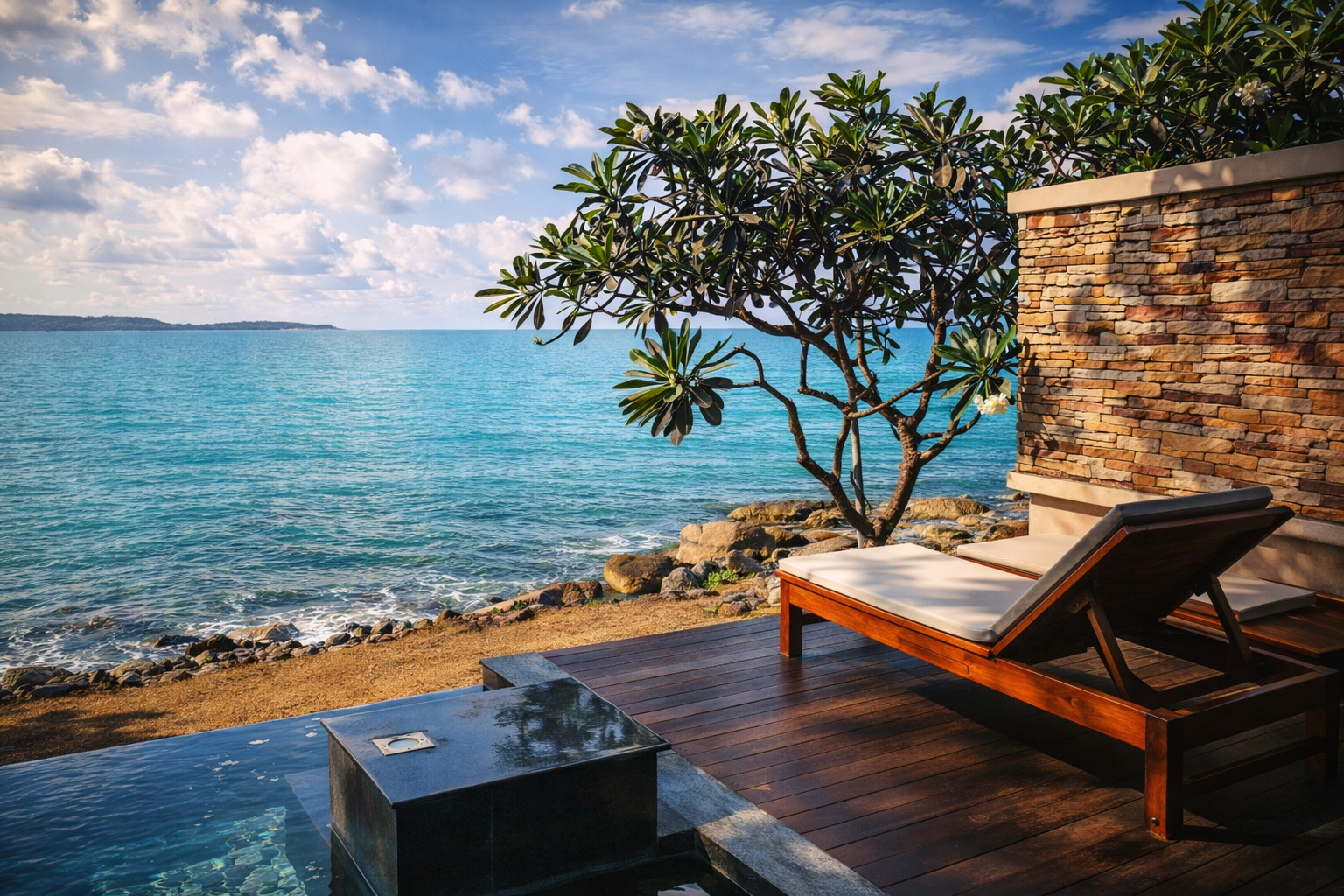 Beachside lounge chair on a wooden deck facing the ocean, with a tree and a stone wall nearby, under a partly cloudy sky.