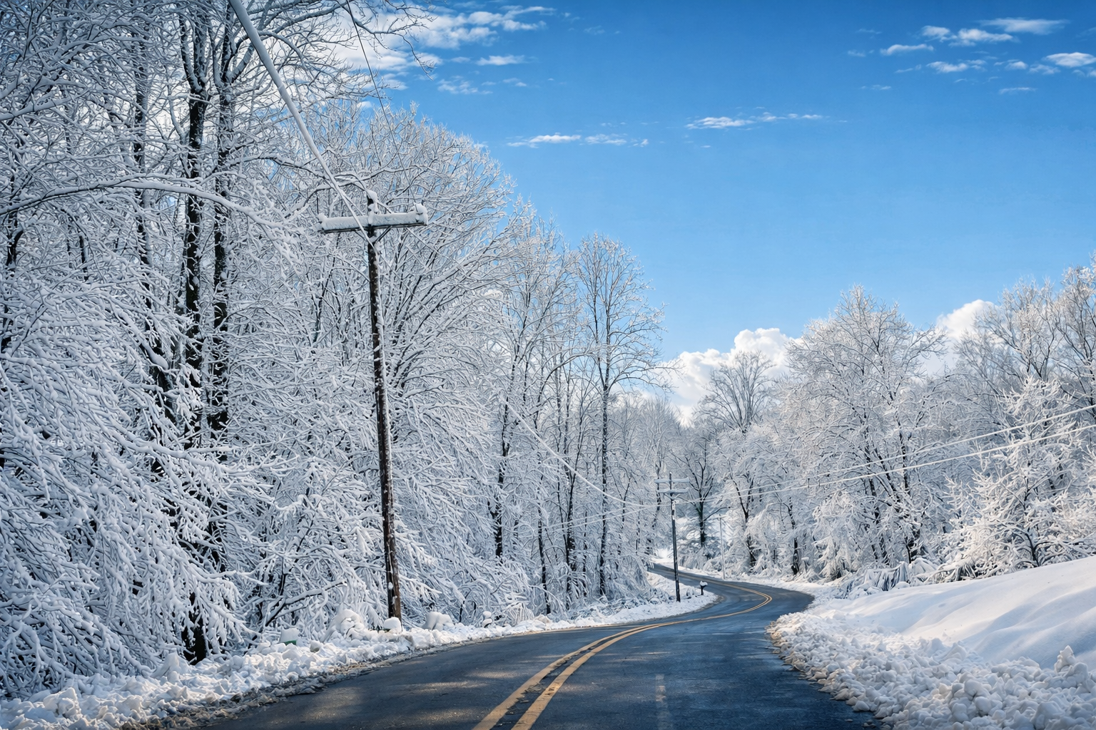 Snow-covered trees alongside a winding rural road on a sunny winter day with a blue sky and scattered clouds.