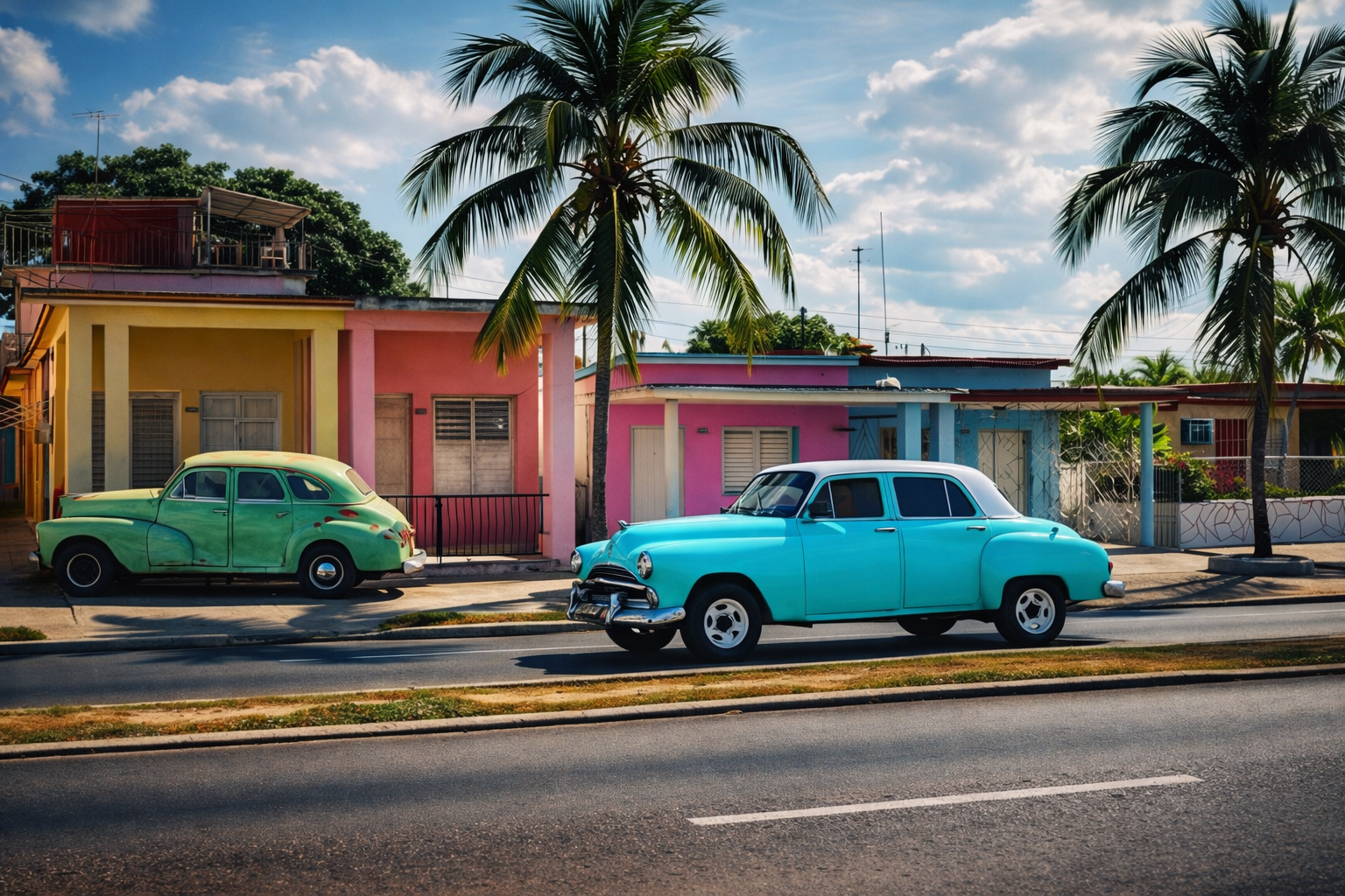Colorful houses with pastel pink, blue, and yellow walls, palm trees, and two vintage cars—one green and one blue—parked along the street on a sunny day in a tropical setting.