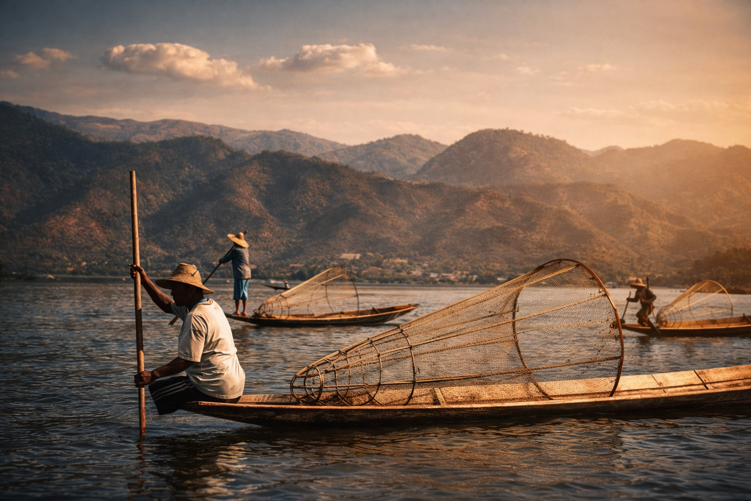 Three people fishing on traditional boats with conical fishing nets in a lake during sunset, with mountains in the background.
