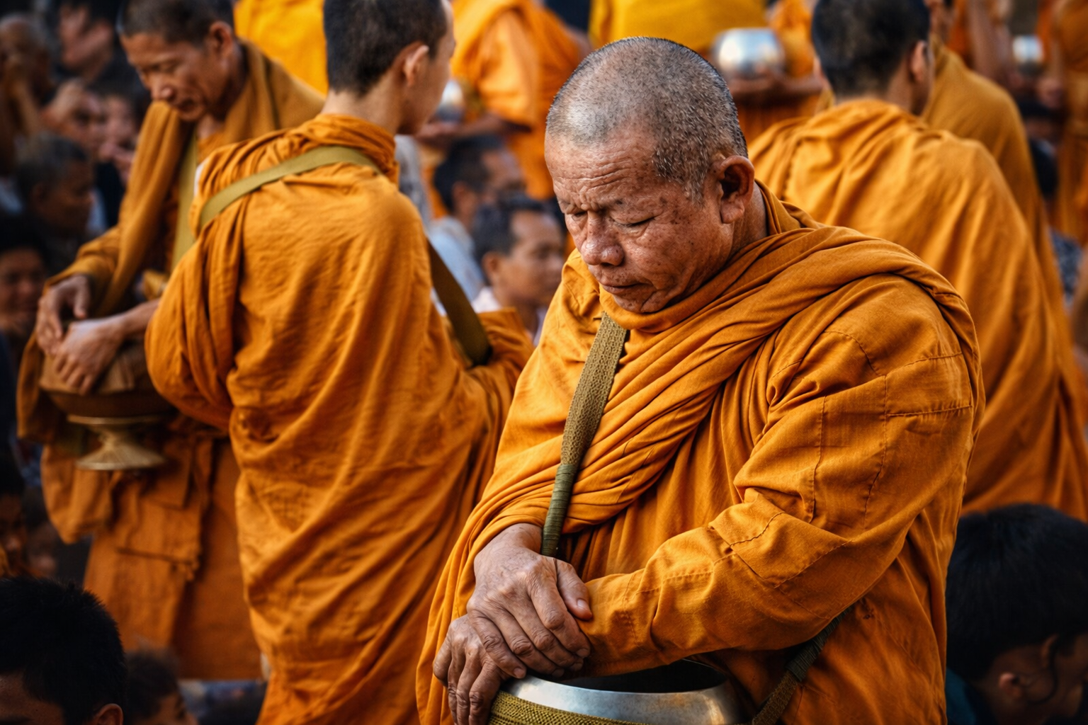 Buddhist monks dressed in orange robes praying or meditating.
