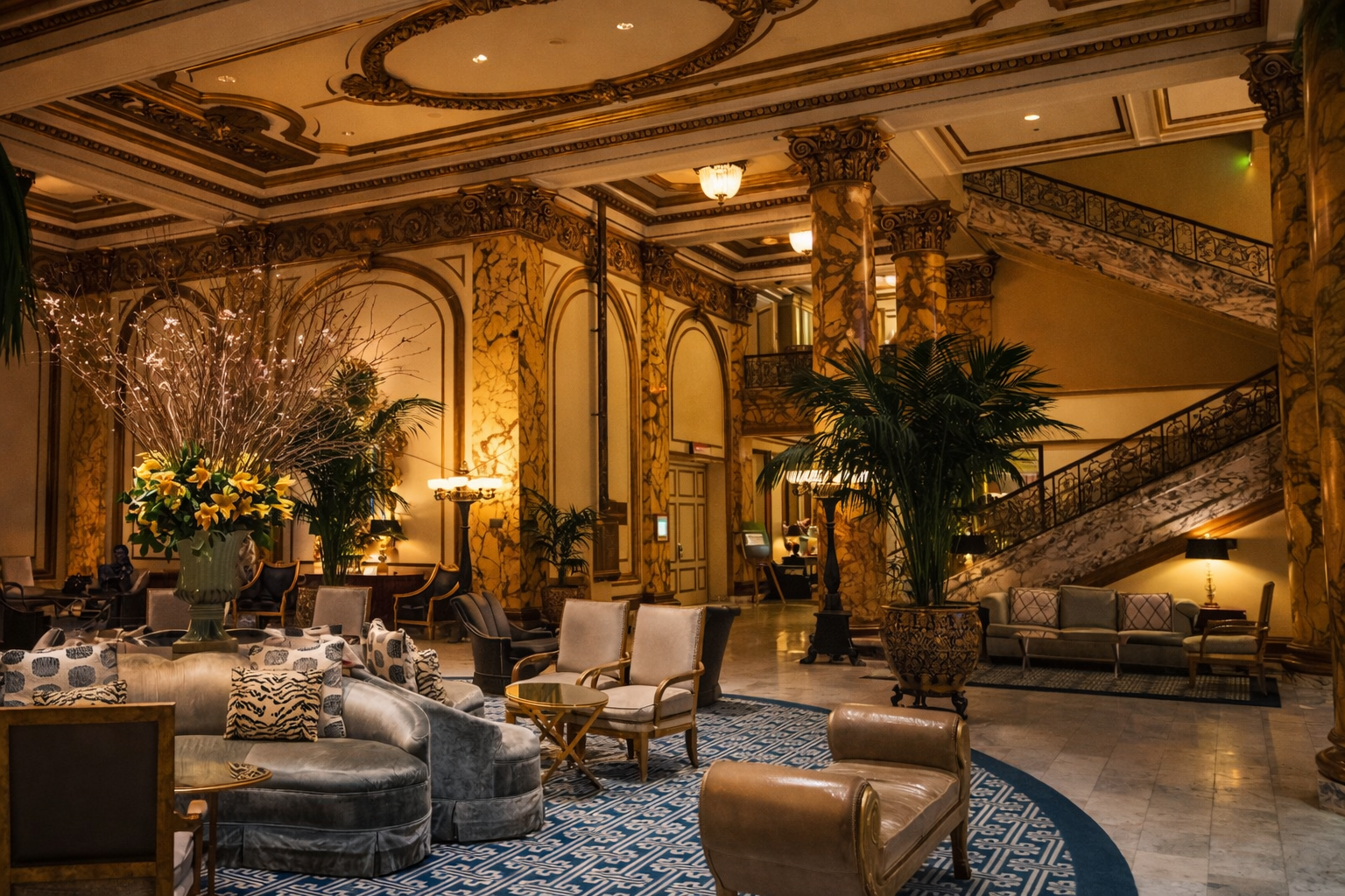Luxurious hotel lobby with ornate gold and marble decor, large potted plants, and elegant seating arrangements.