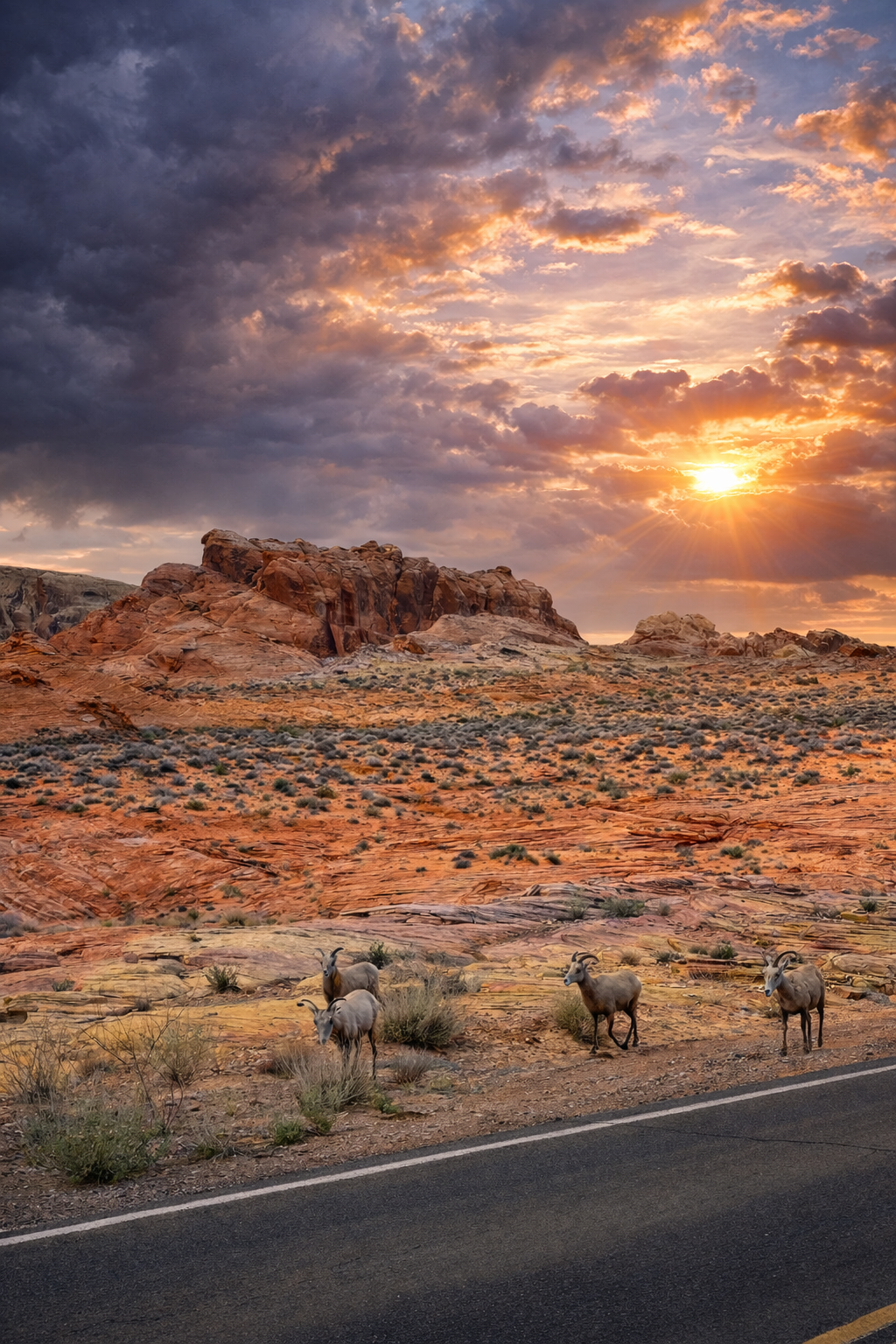 Desert landscape at sunset with rocky formations, sparse vegetation, and three goats near the roadside.