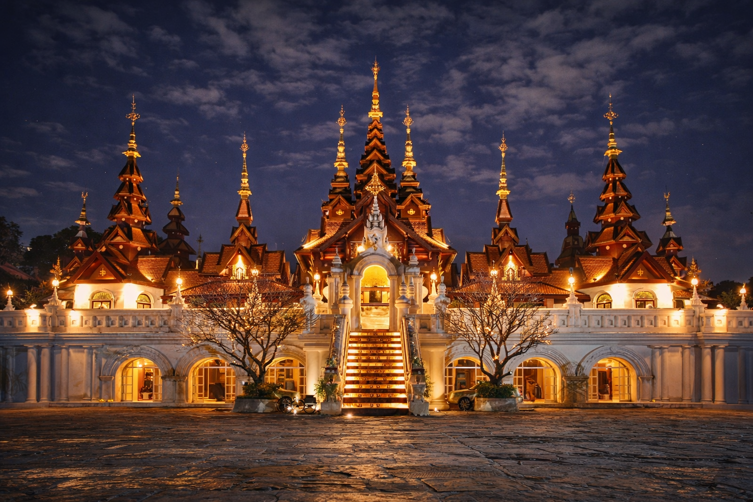 Night view of a lit-up Thai-style temple with multiple spires, stairs, trees, and arched entrances.