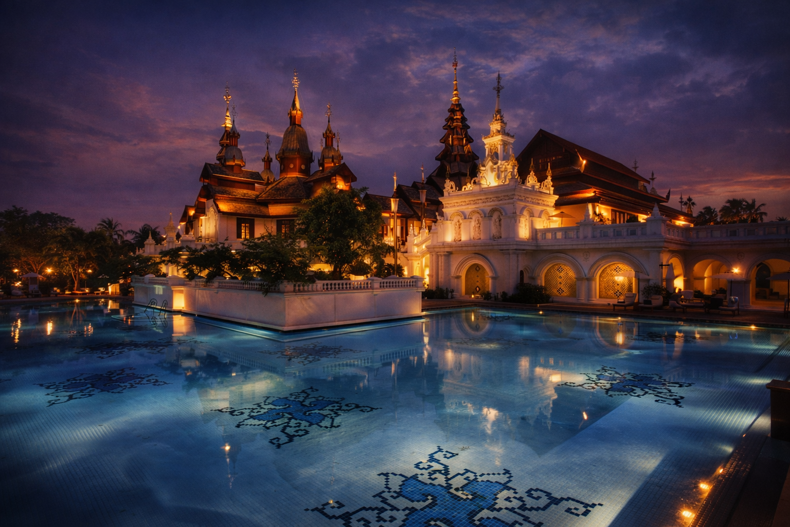A palace with multiple ornate towers illuminated at dusk, featuring a large reflecting pool in the foreground with intricate tile patterns, lush greenery, and a vibrant sky with purple and orange hues.