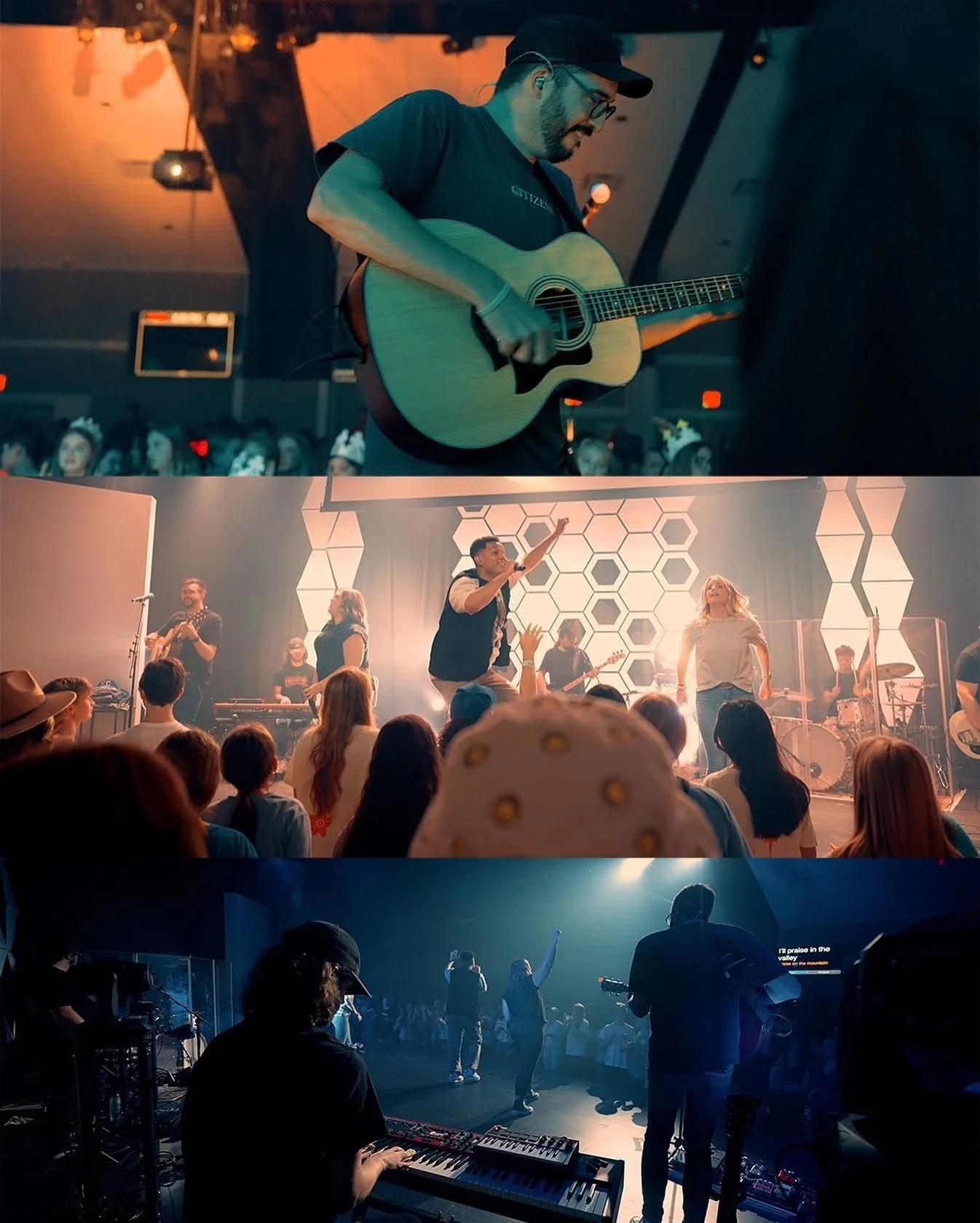 Three photos of a live concert: the first shows a man playing an acoustic guitar on stage with the audience in the background, the second features a band performing on stage with a crowd watching, the third depicts musicians and singers on stage with a dark lighting and audience in the foreground.