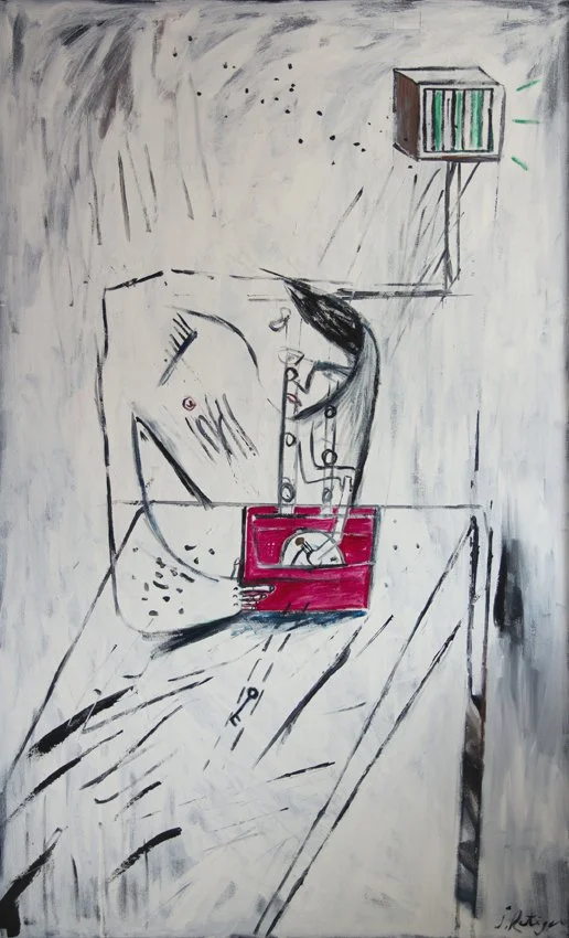 Man trying to remove stubborn stain- Acrylic on canvas (153 x 92cm)