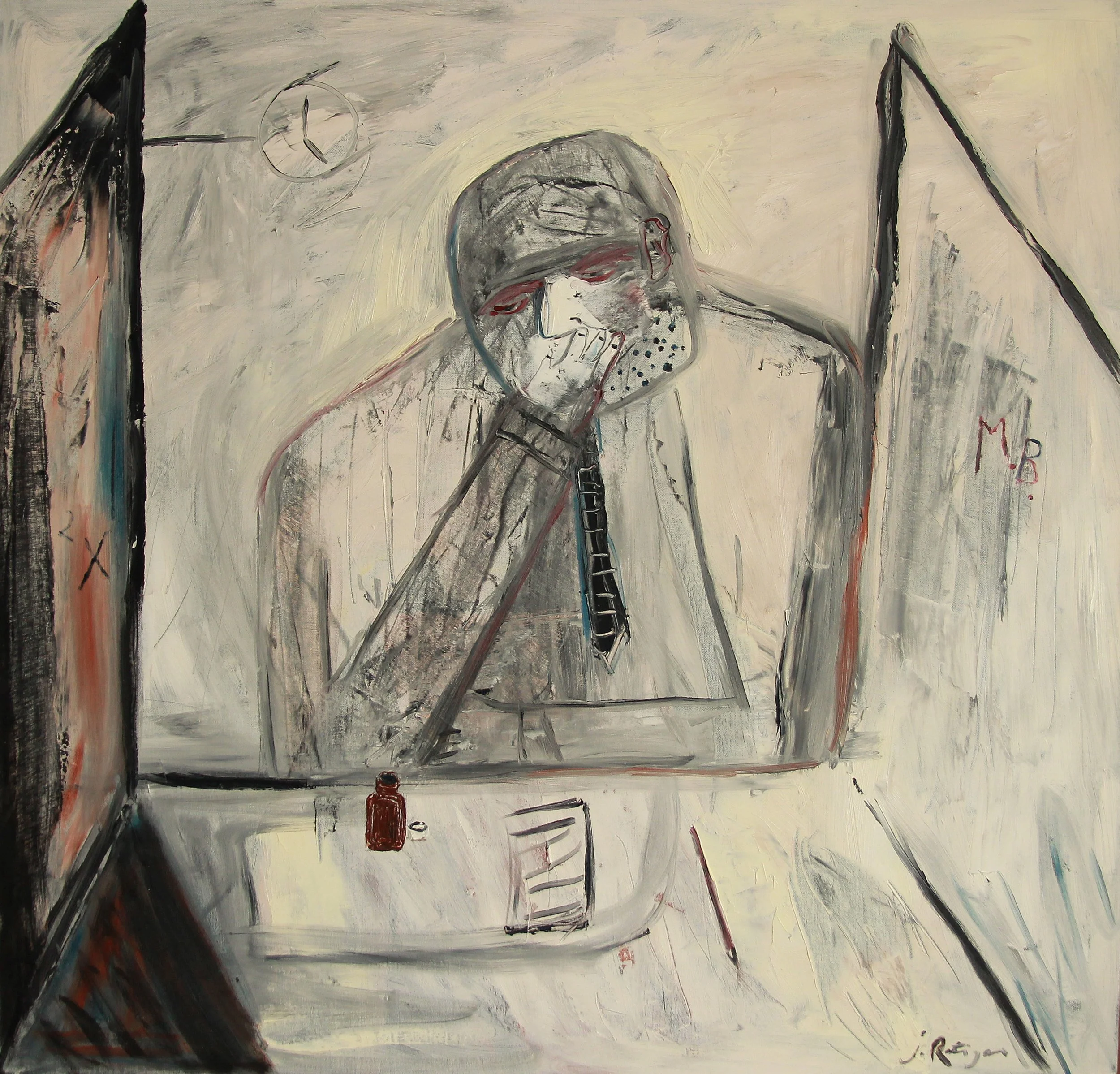 Disgruntled writer with pills- Oil on canvas