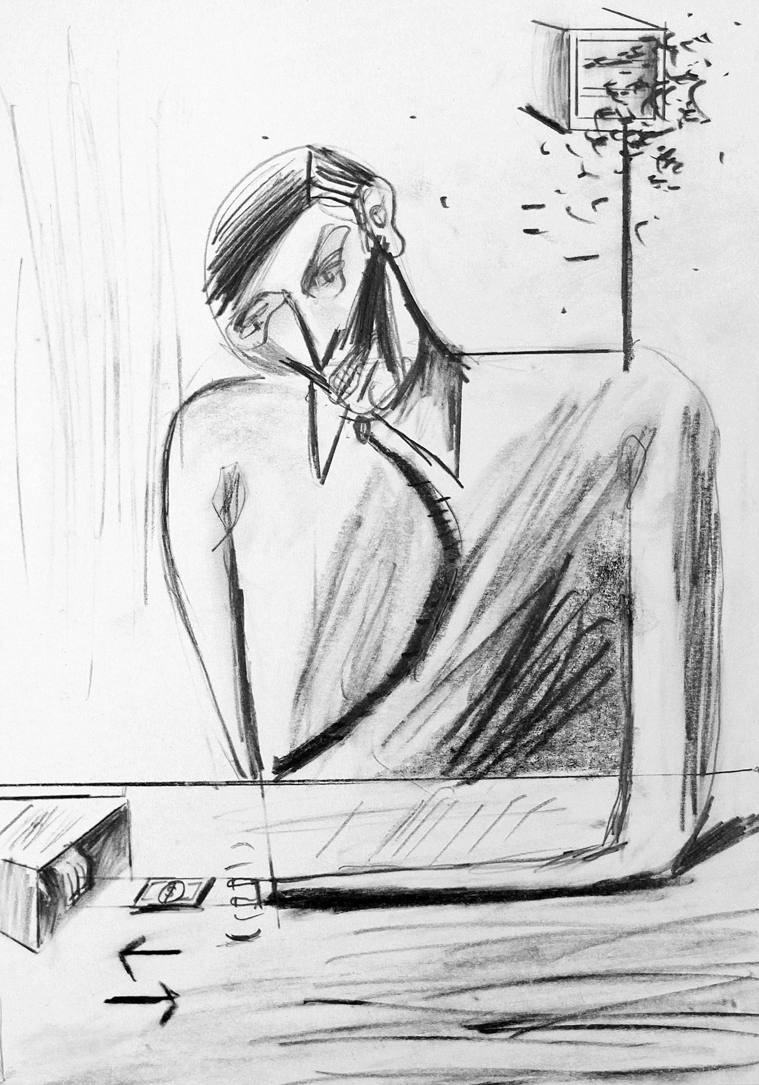 Man attempting to pick up dollar bill- Graphite on paper 