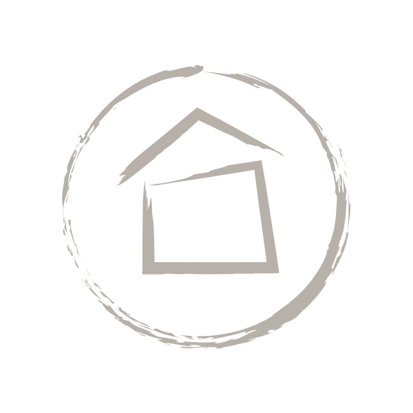 Abstract logo with a circle, a square, and two diagonal lines in shades of gray.