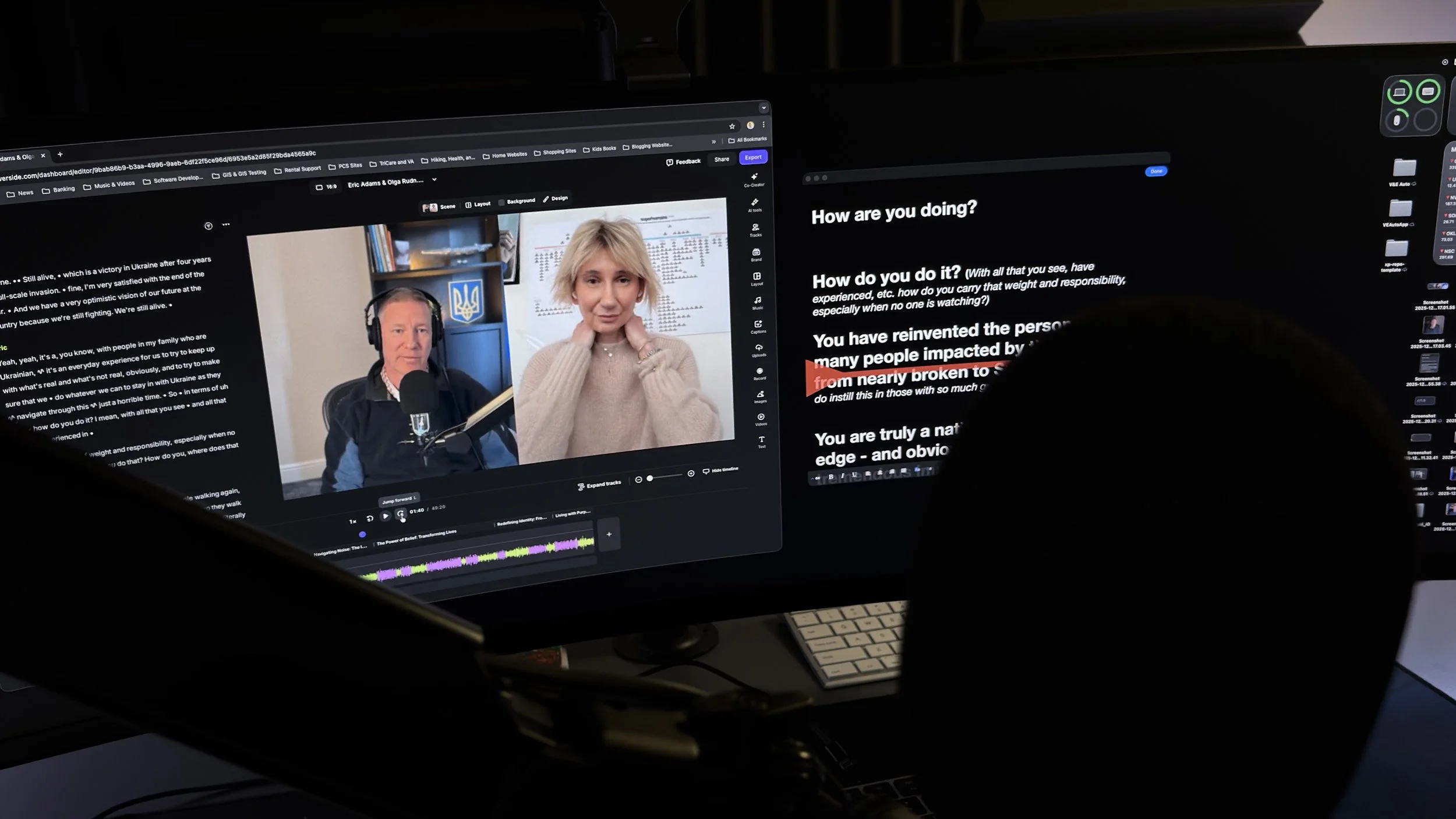 Computer screen displaying a video call with a man and woman, along with text on a black background discussing topics like Ukraine, responsibility, and impact.