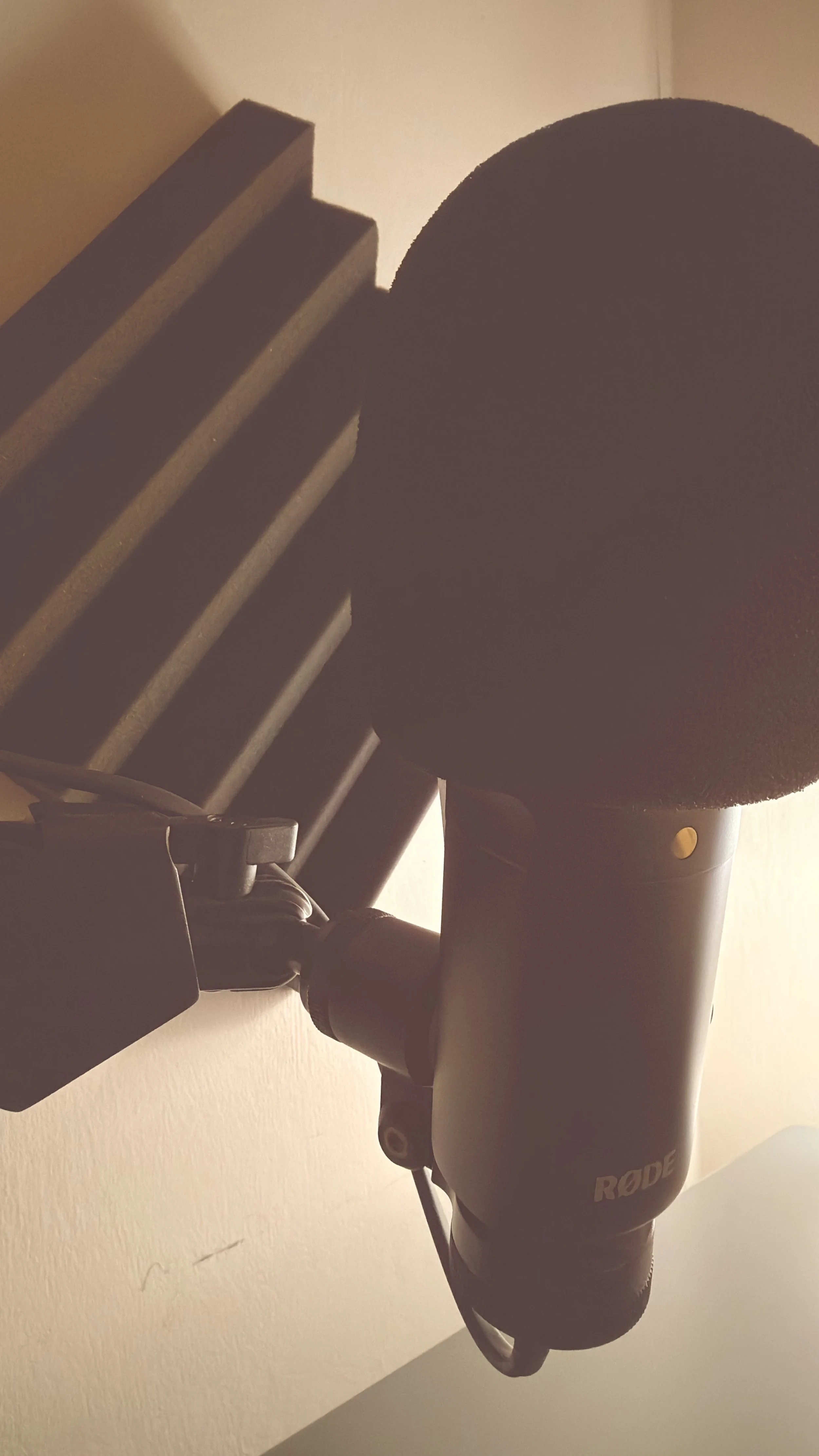 Close-up of a microphone with a foam windscreen attached to a camera or recording device, focusing on the foam and mount.