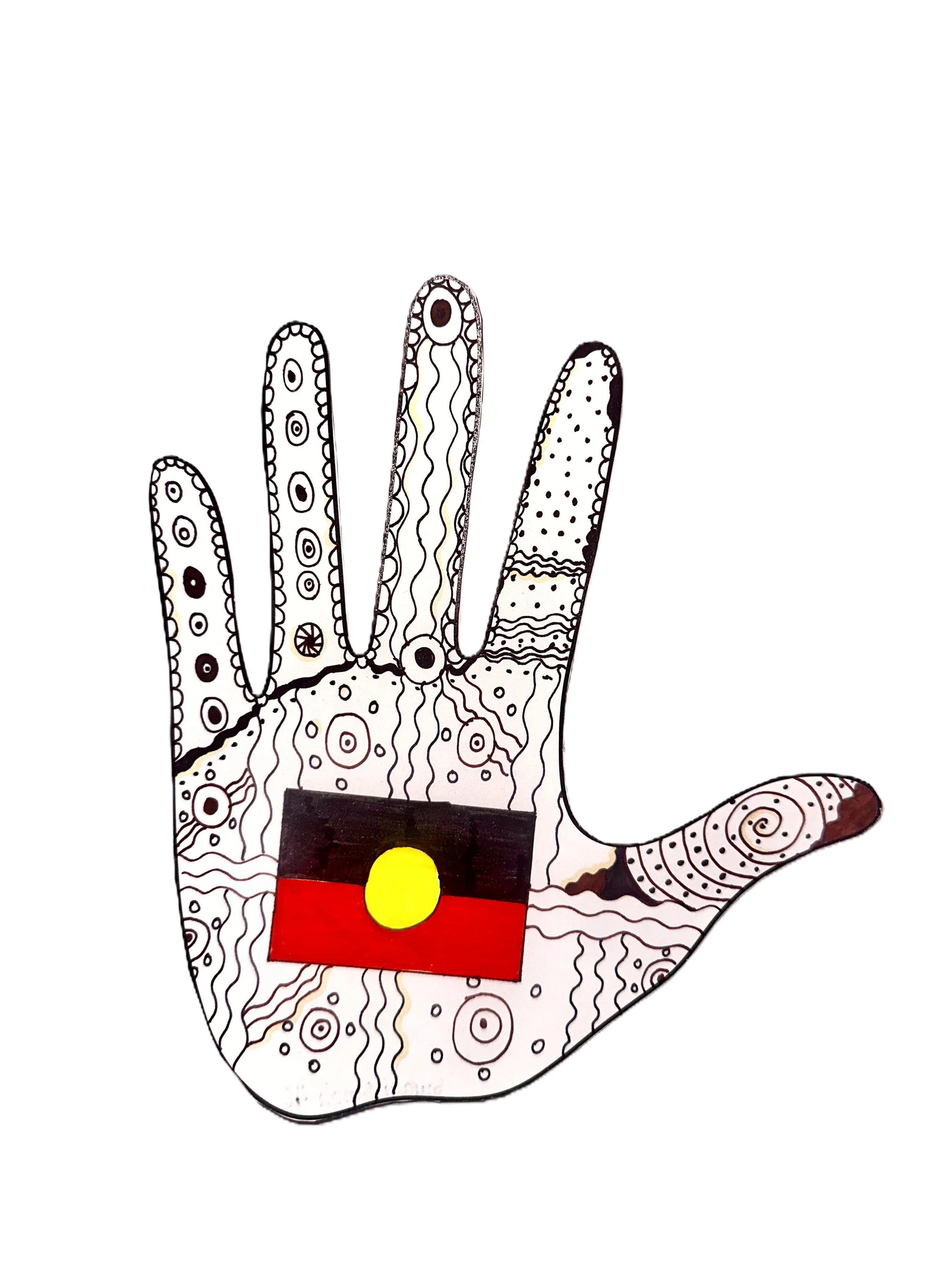The image of an artwork within the shape of a hand with the aboriginal flag in the centre