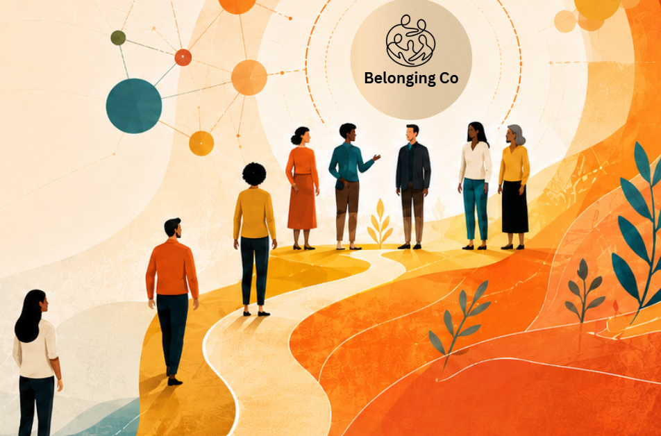 Illustration of diverse people walking on a winding path toward a circle labeled 'Belonging Co' with abstract background and plant imagery.