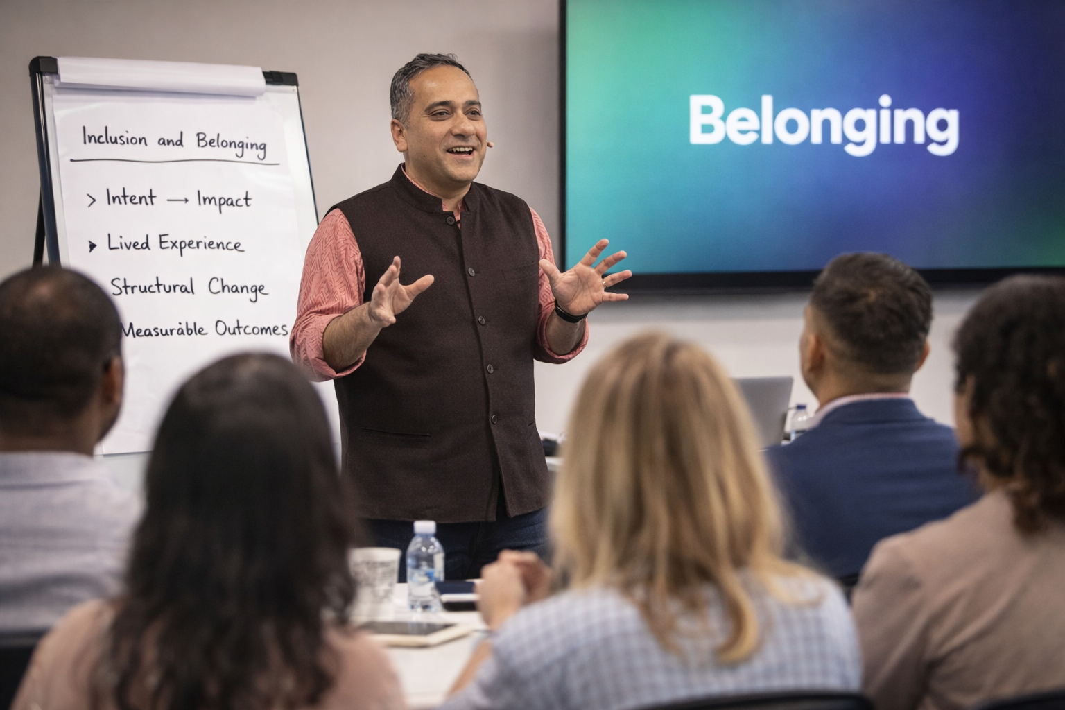A man in a red printed shirt and brown half sleeves overcoat speaking to a group of people in a training setting. The screen in the background displays the word Belonging.