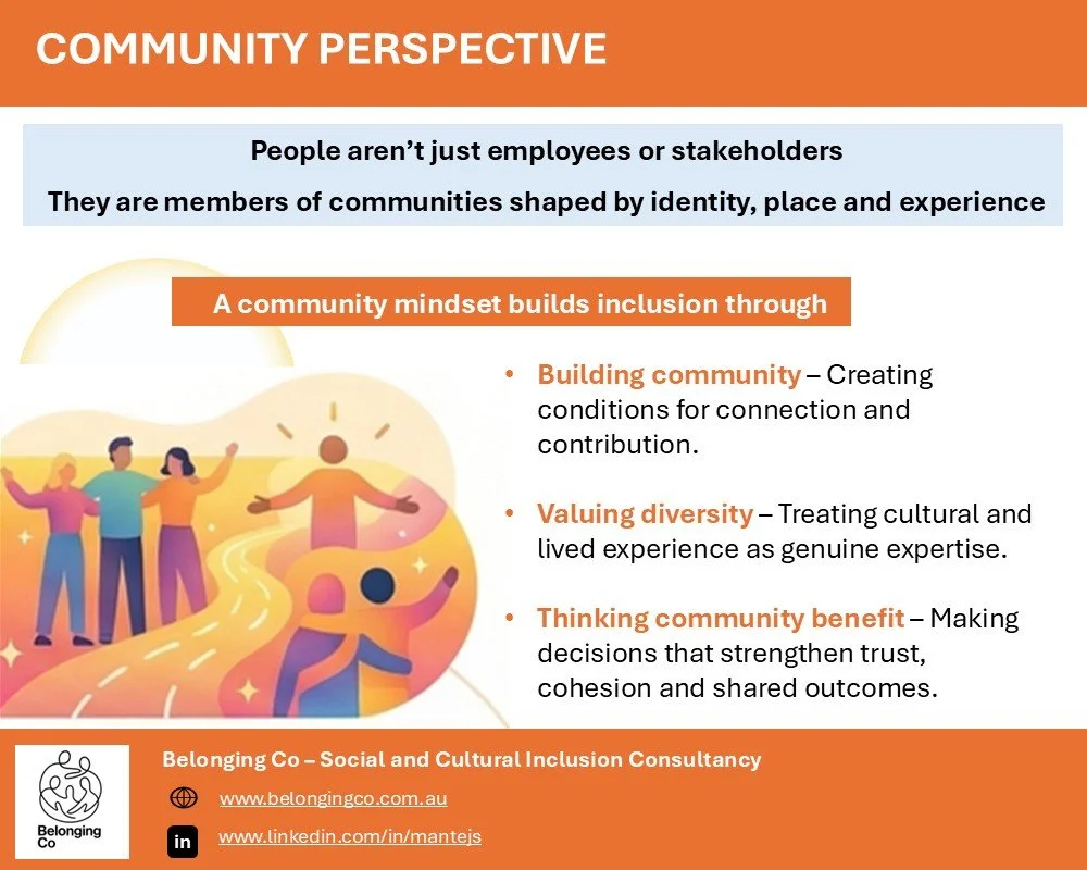 Graphic illustration showing People from diverse backgrounds connecting in a community setting, illustrating inclusion shaped by culture, identity and place