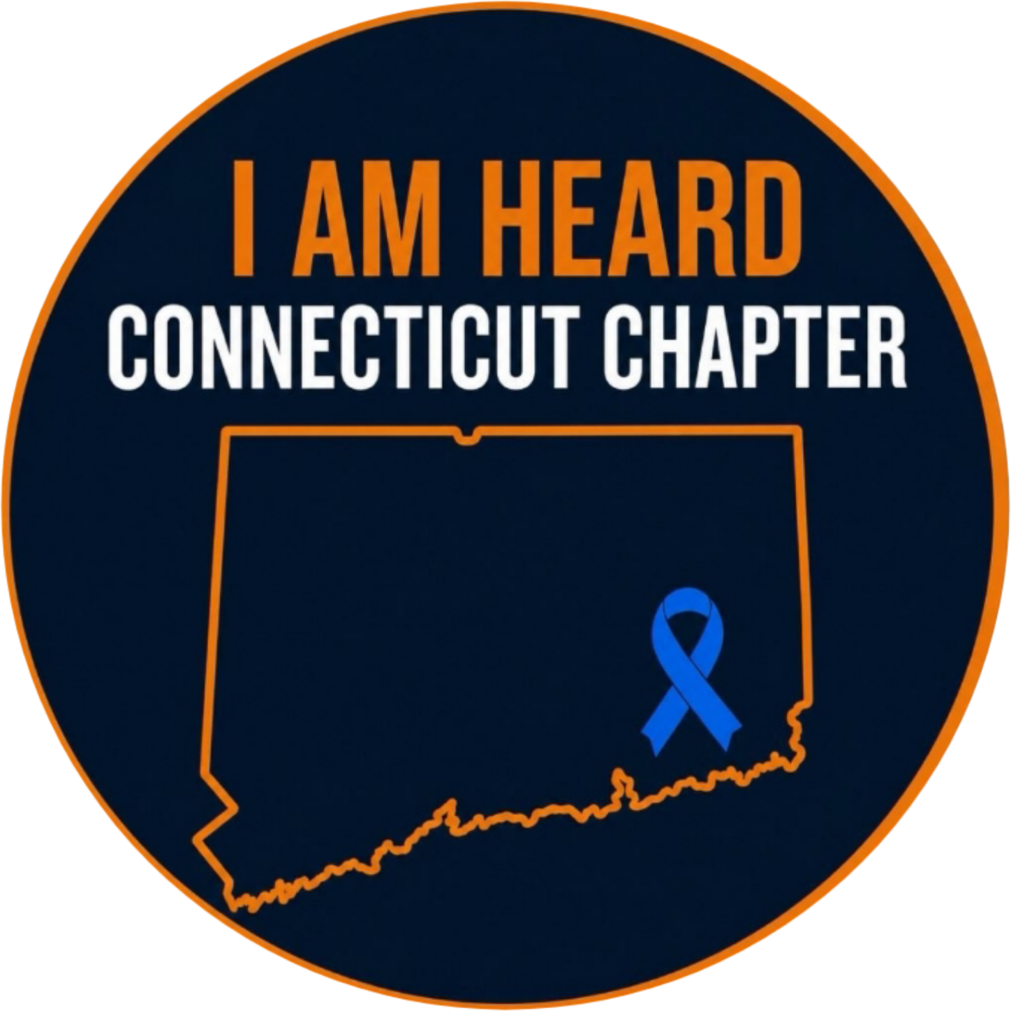 A circular emblem with a dark blue background and an orange border. It features the outline of the state of Connecticut in orange, with a blue awareness ribbon overlaid on the outline. The text says, "I AM HEARD" in orange and "CONNECTICUT CHAPTER" in white. There is a smaller orange outline of Connecticut beneath the ribbon.