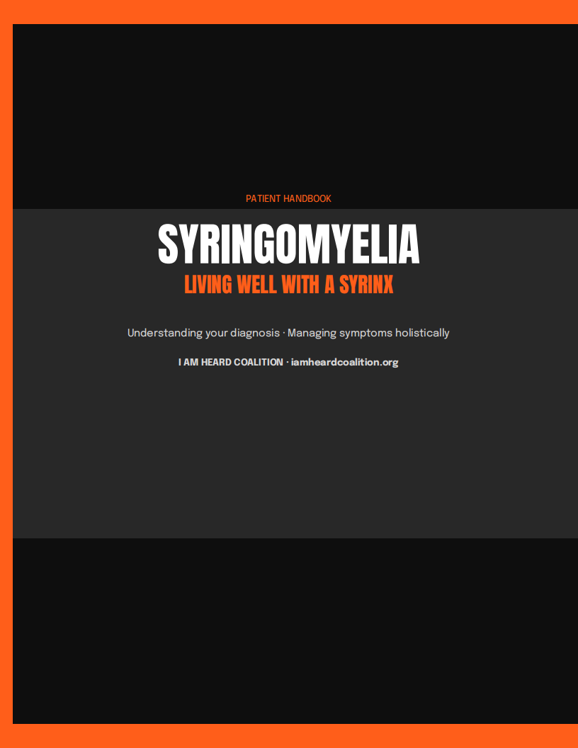 Cover of a patient handbook titled "Syringomyelia: Living Well with a Syrinx" with a black background, orange border, and white and orange text.