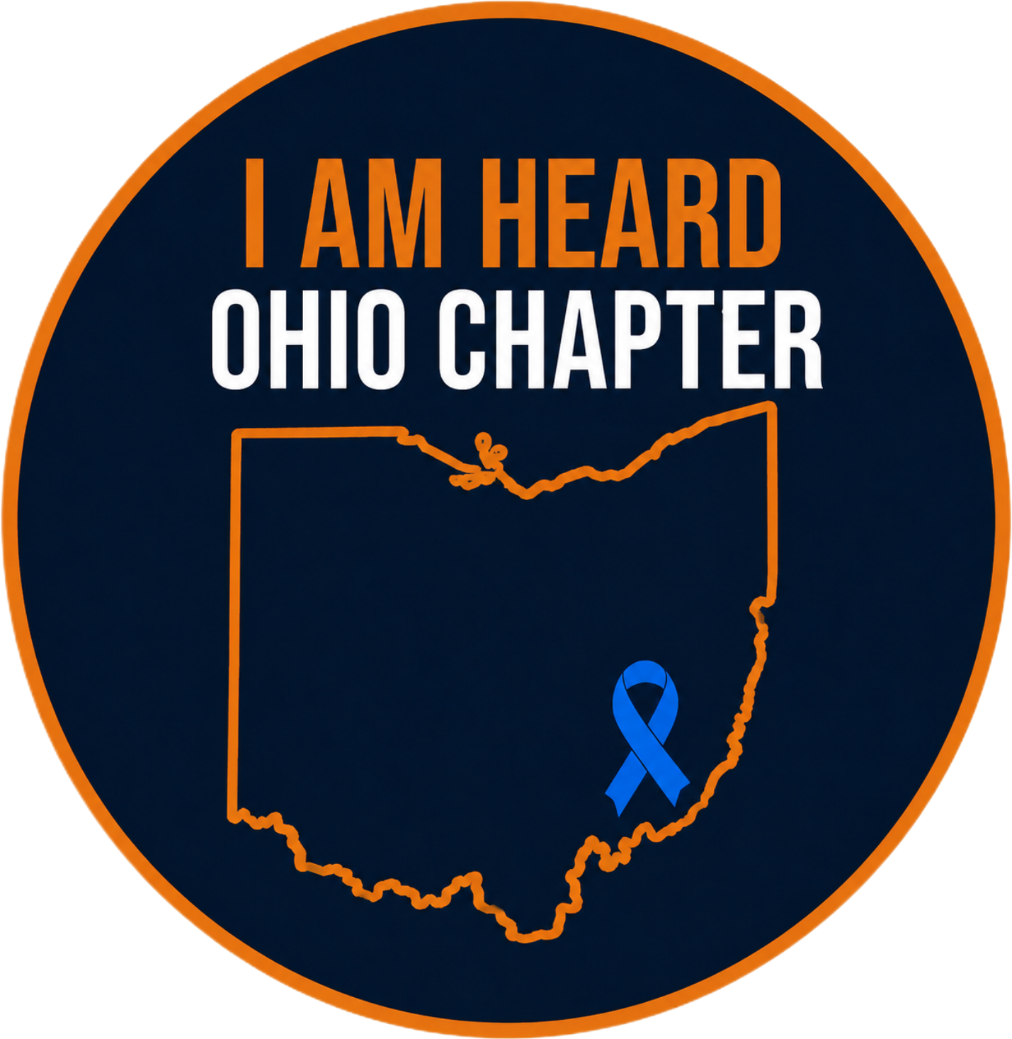 A circular graphic featuring the outline of the state of Ohio in orange with a blue ribbon overlay, the text 'I AM HEARD OHIO CHAPTER' at the top, all on a dark blue background.