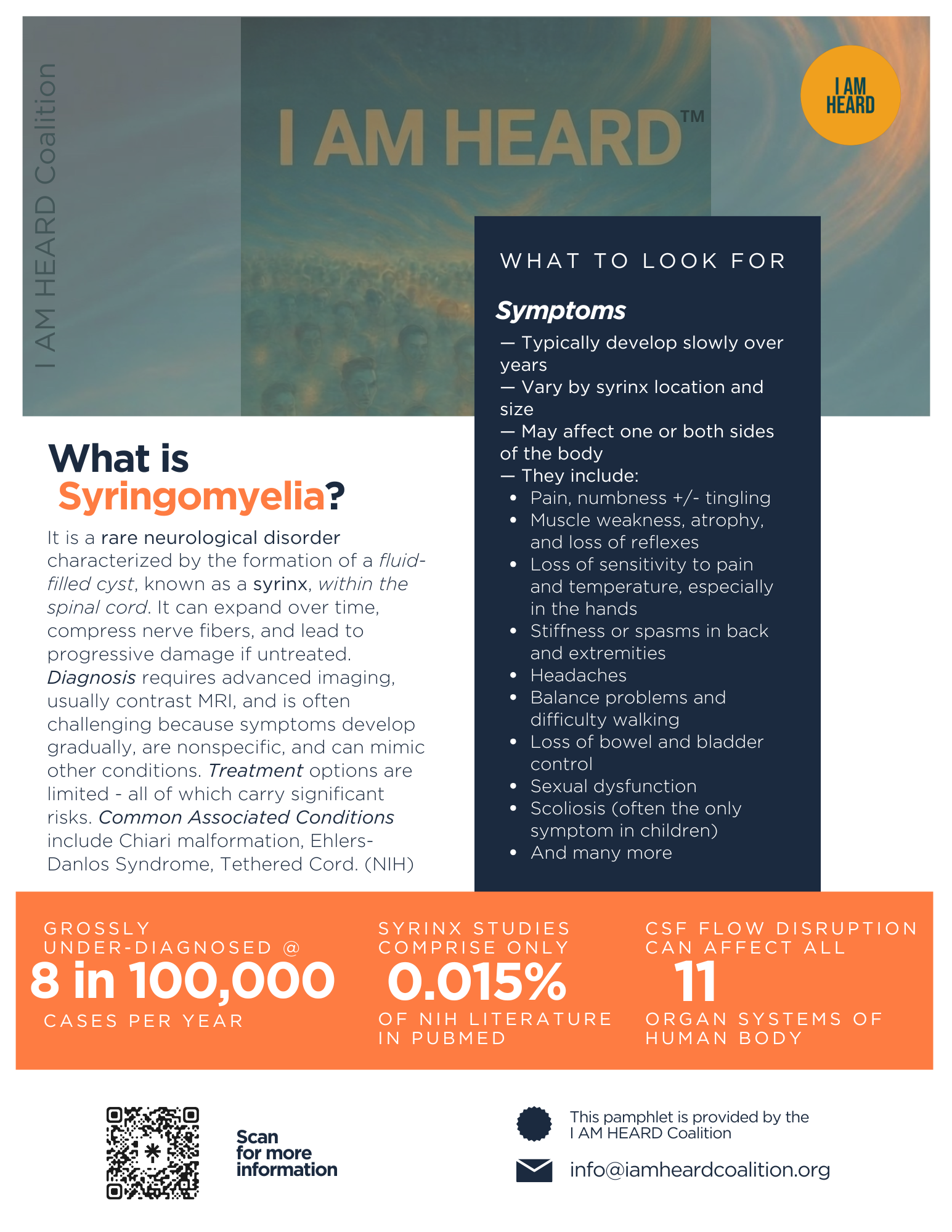 Infographic about syringomyelia, a neurological disorder. It includes symptoms, diagnosis, and statistics such as 8 in 100,000 cases per year, 0.015% of NIH literature, and 11 organ systems affected.