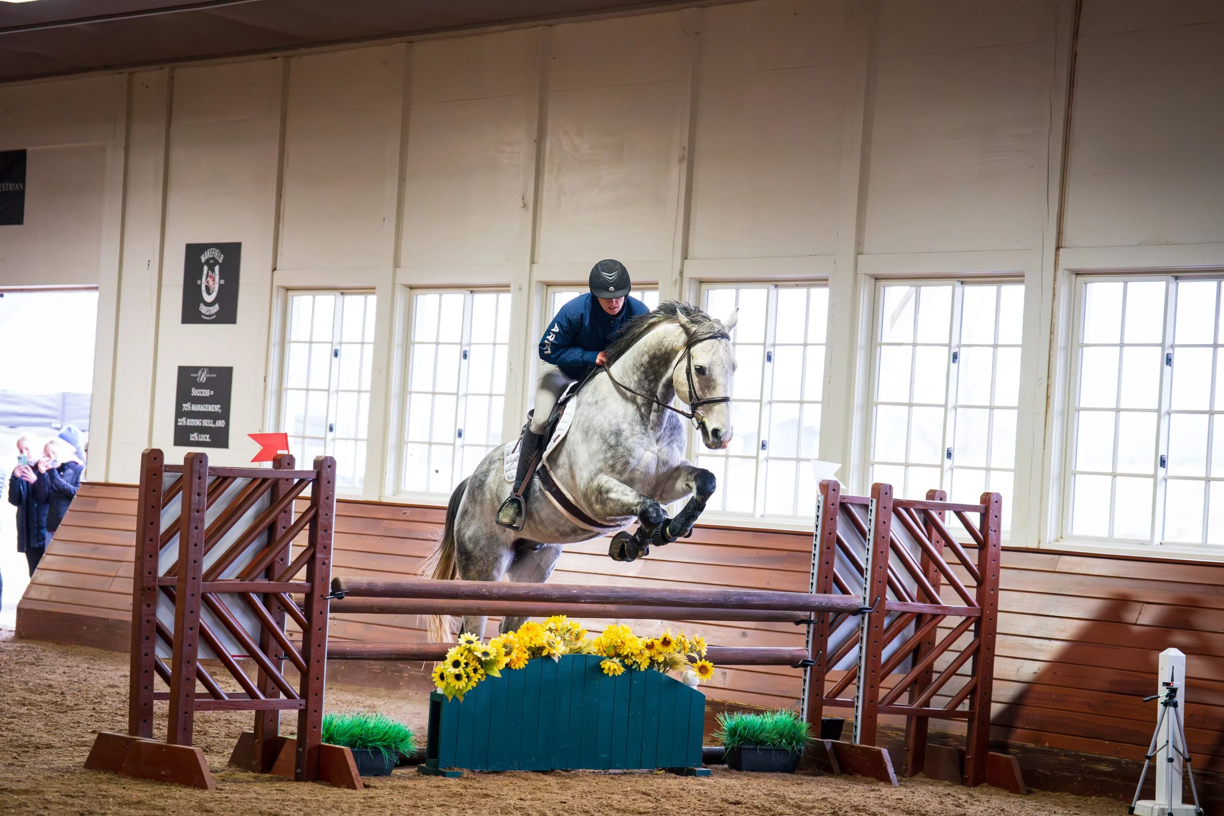 A rider on a gray horse jumping over an obstacle indoor equestrian arena.