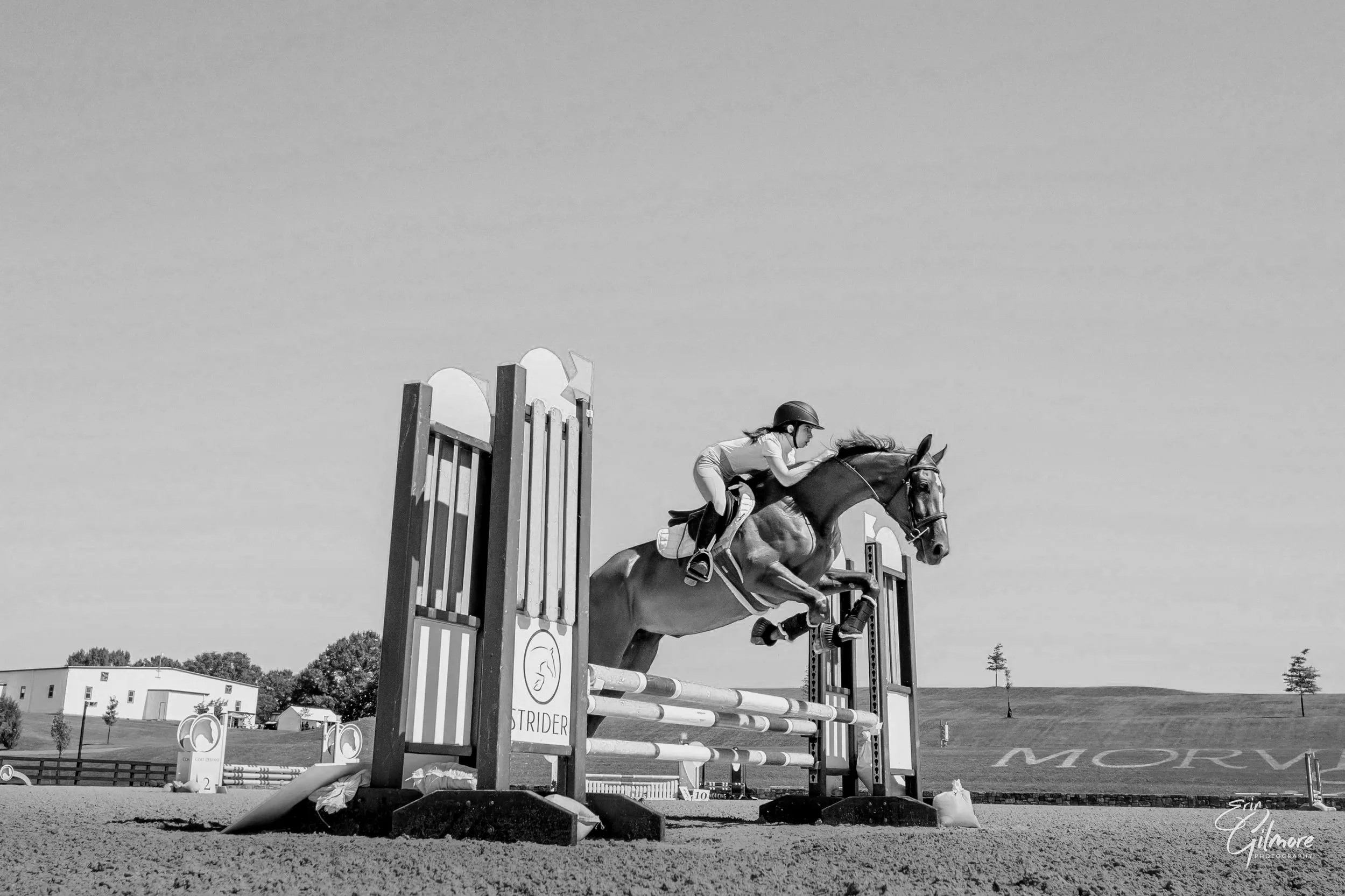 A young female rider in a helmet and riding gear jumping over an obstacle on a horse during a show jump event, on an outdoor equestrian course.