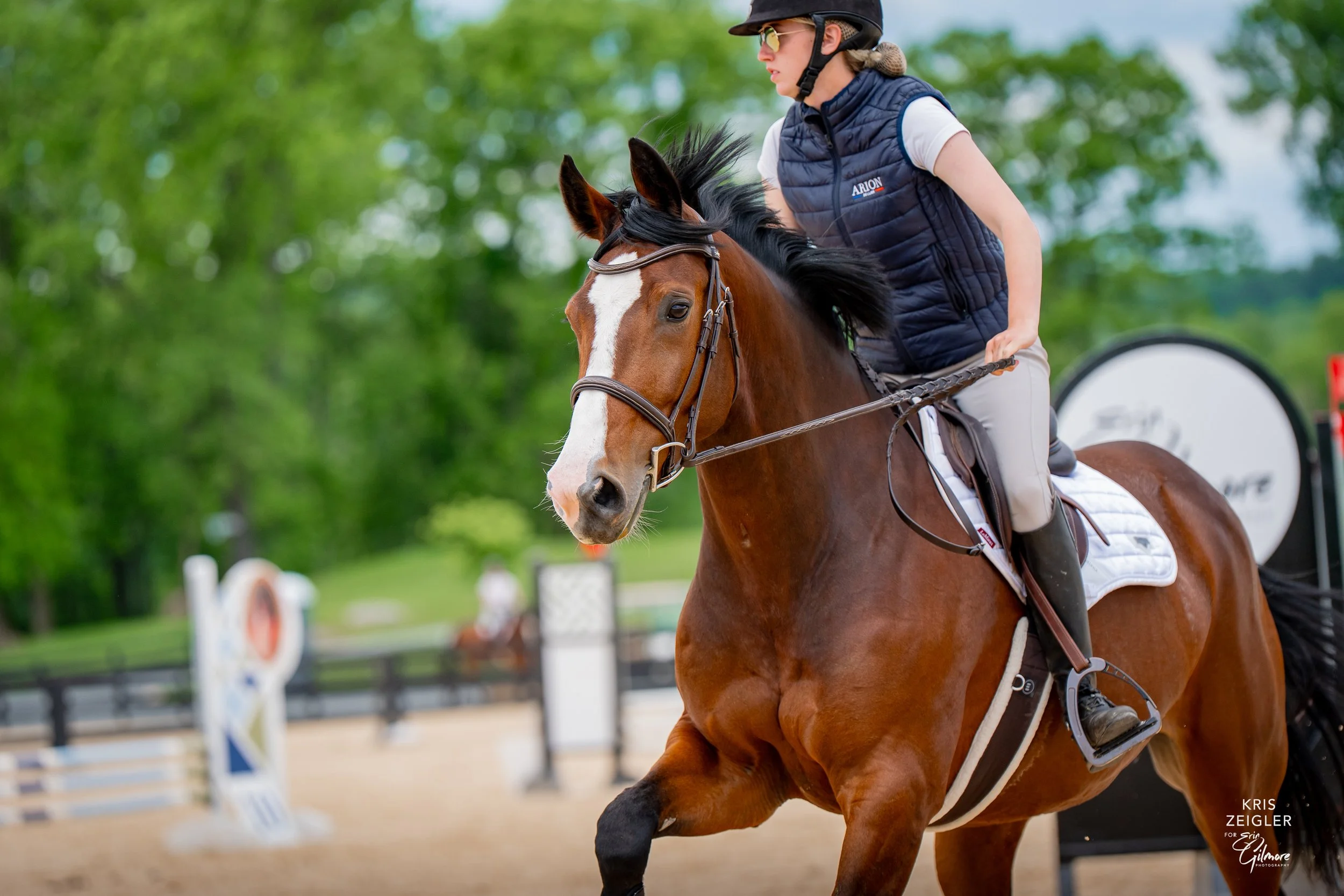 A woman wearing a helmet, sunglasses, and a navy vest riding a brown horse with a white blaze on its face at an equestrian facility with jumping obstacles in the background.