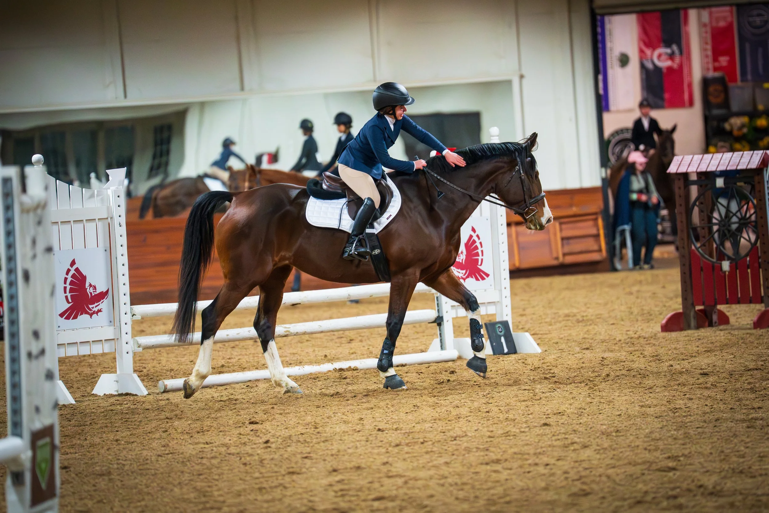 A female equestrian wearing a navy jacket, beige riding pants, and a black helmet rides a brown horse over a show jumping obstacle inside an indoor arena, with other riders and spectators in the background.
