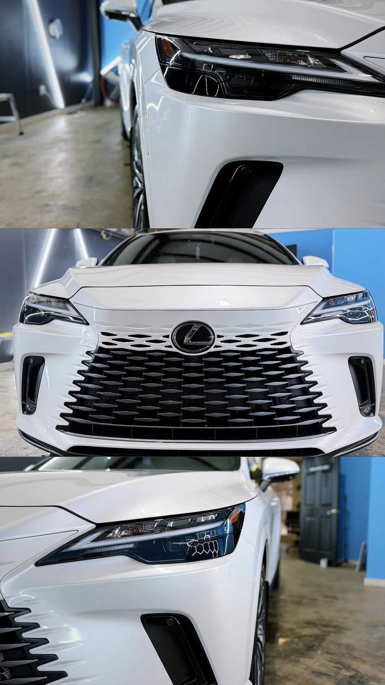 White Lexus SUV in a garage, shown from front and side angles after a Reset Detail Package by CCVinylz