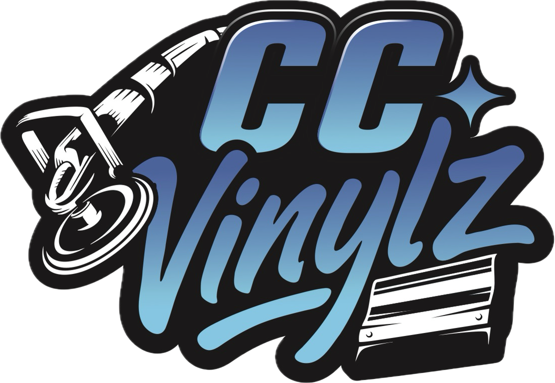 Logo for CC Vinylz, Squeezes for Vinyl Wraps and dual Action Polishers with blue and black text.